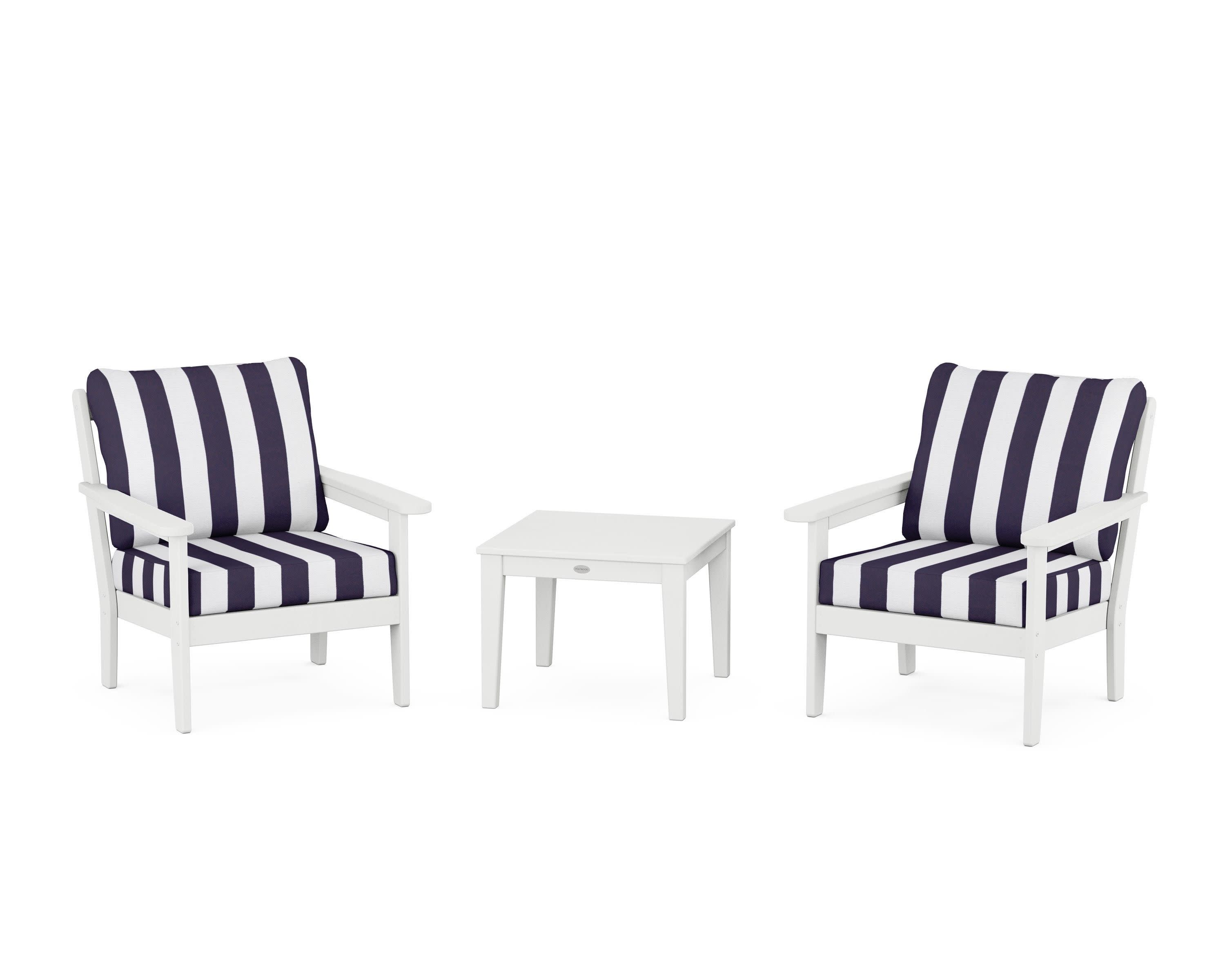 Cottage 3-Piece Deep Seating Set in White / Cabana Stripe Navy