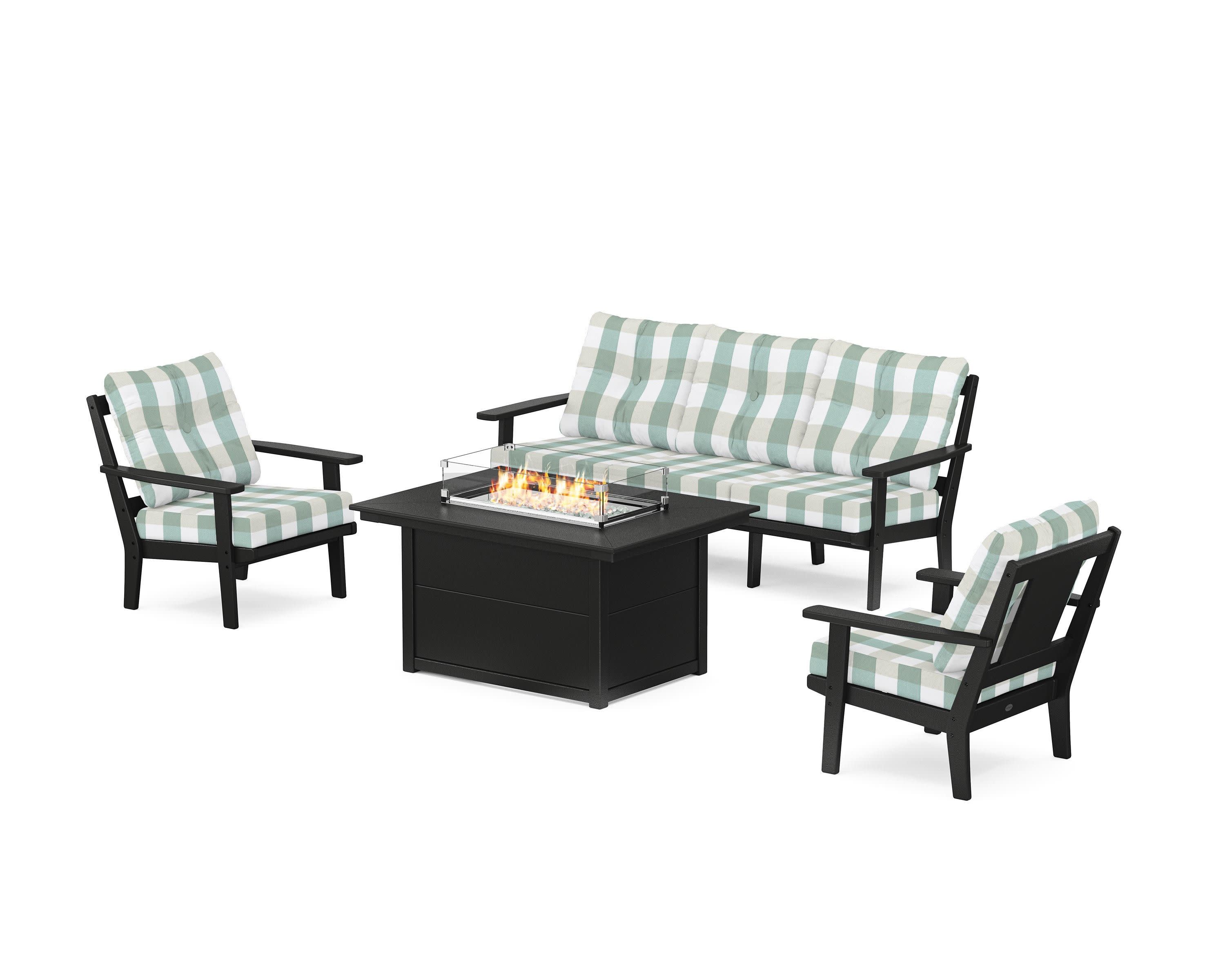 Prairie Deep Seating Fire Pit Table Set in Black / Buffalo Plaid Glacier Spa