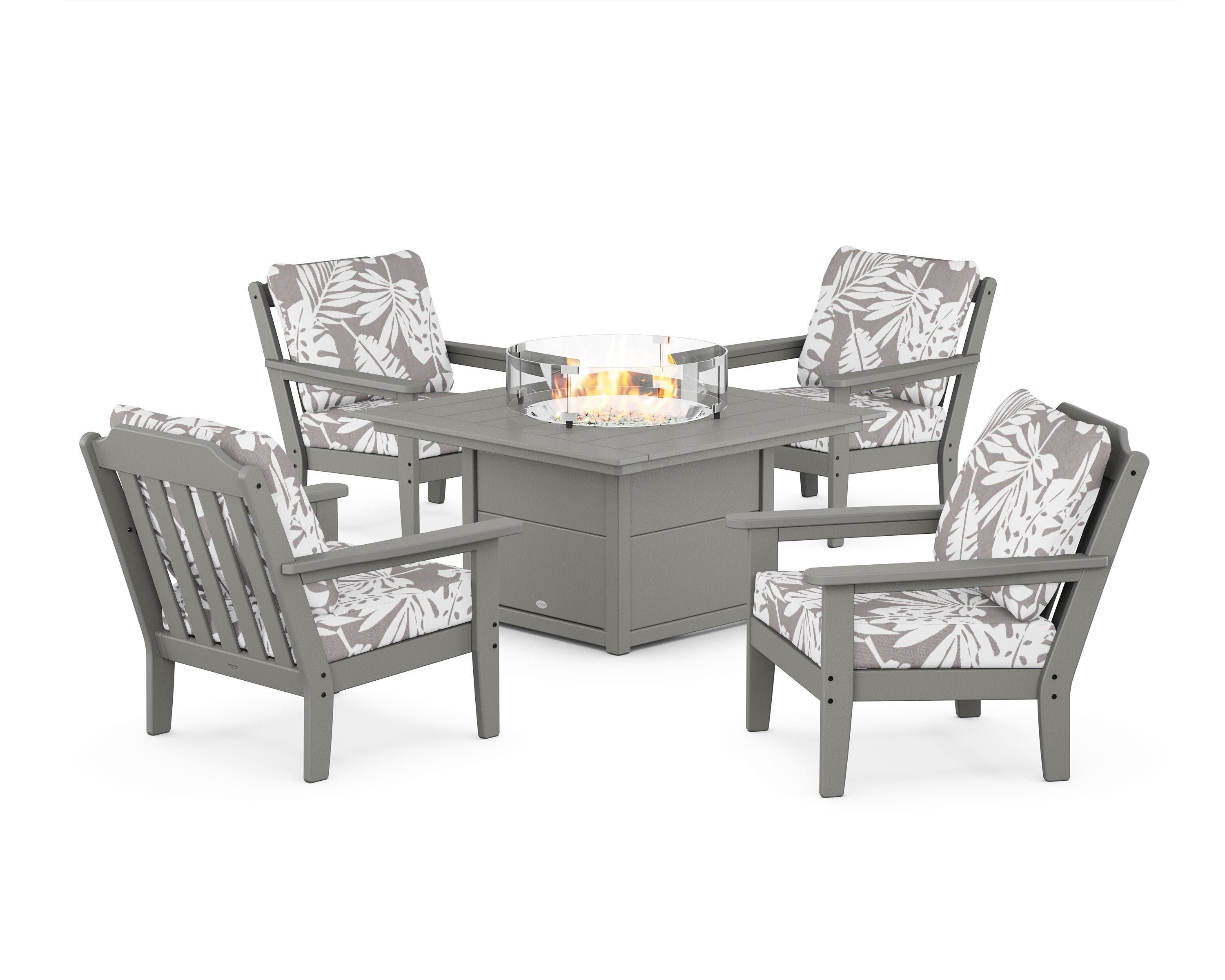 Cottage 5-Piece Deep Seating Set with Fire Pit Table in Slate Grey / Leaf Grey Mist