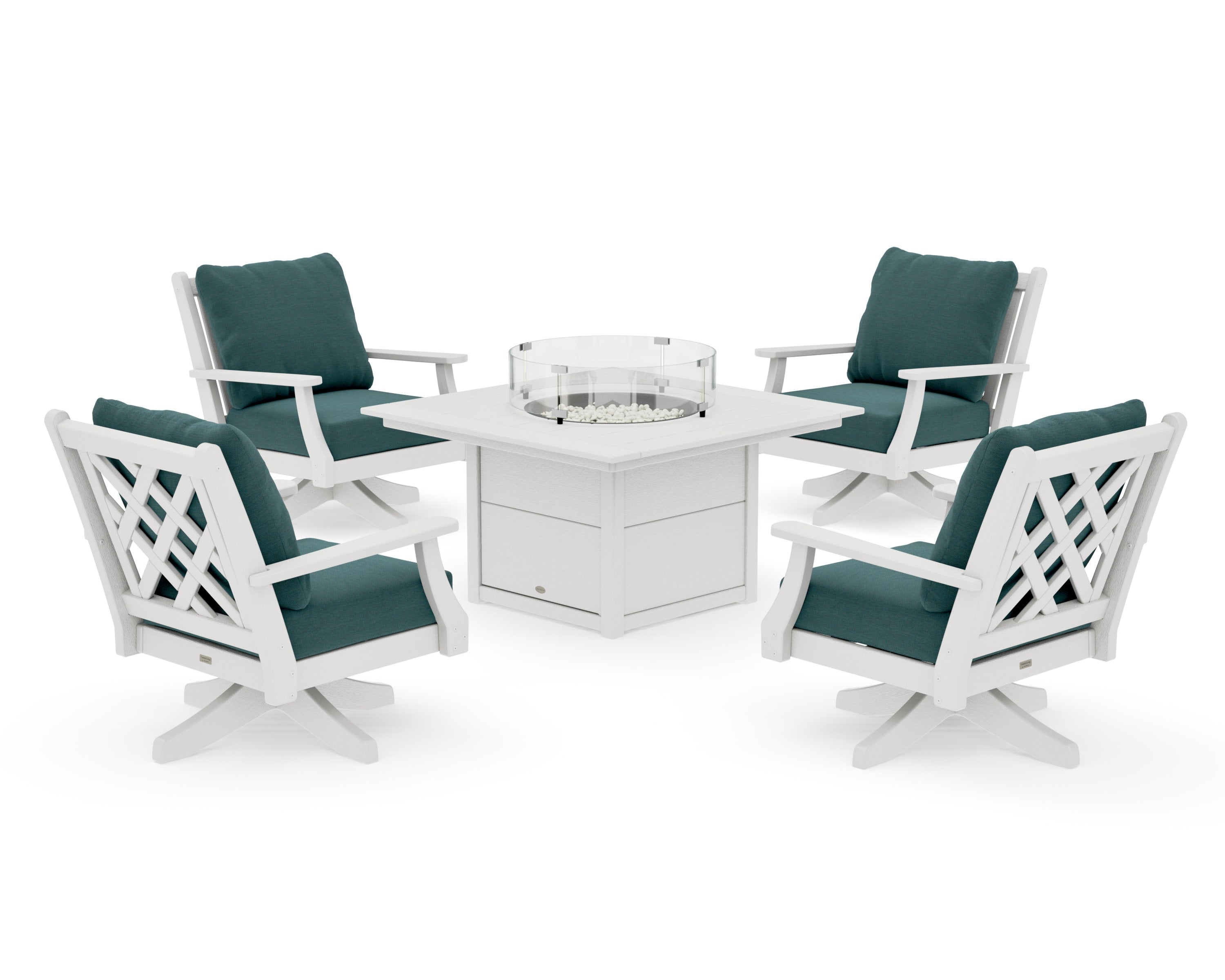 Wovendale 5-Piece Deep Seating Swivel Conversation Set with Fire Pit Table in Vintage White / Ocean Teal