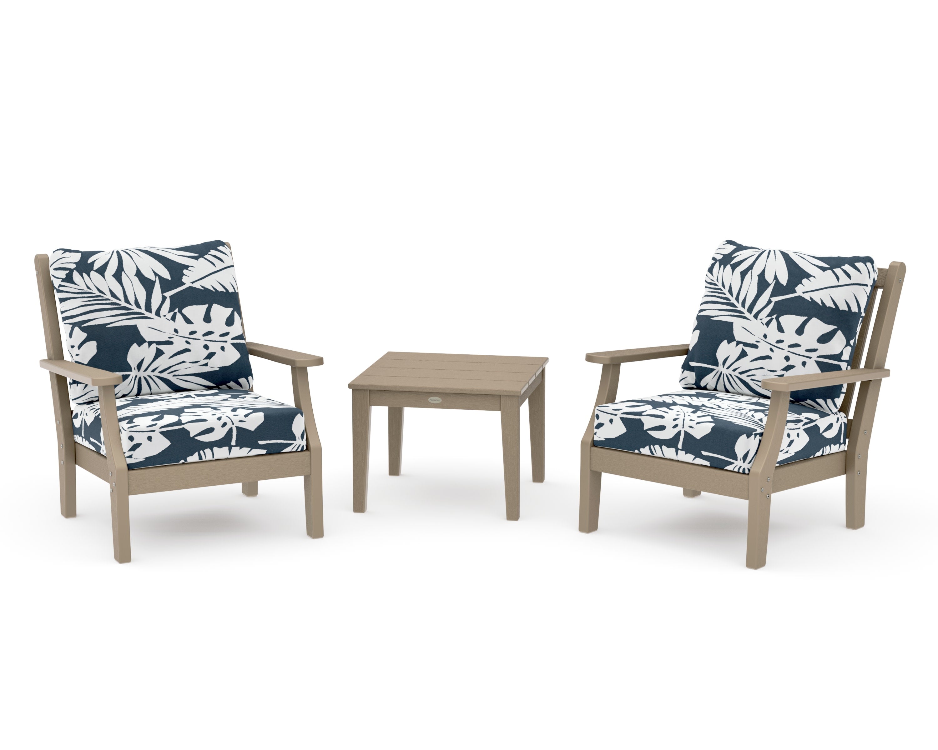 Wovendale 3-Piece Deep Seating Set in Vintage Sahara / Leaf Marine Indigo