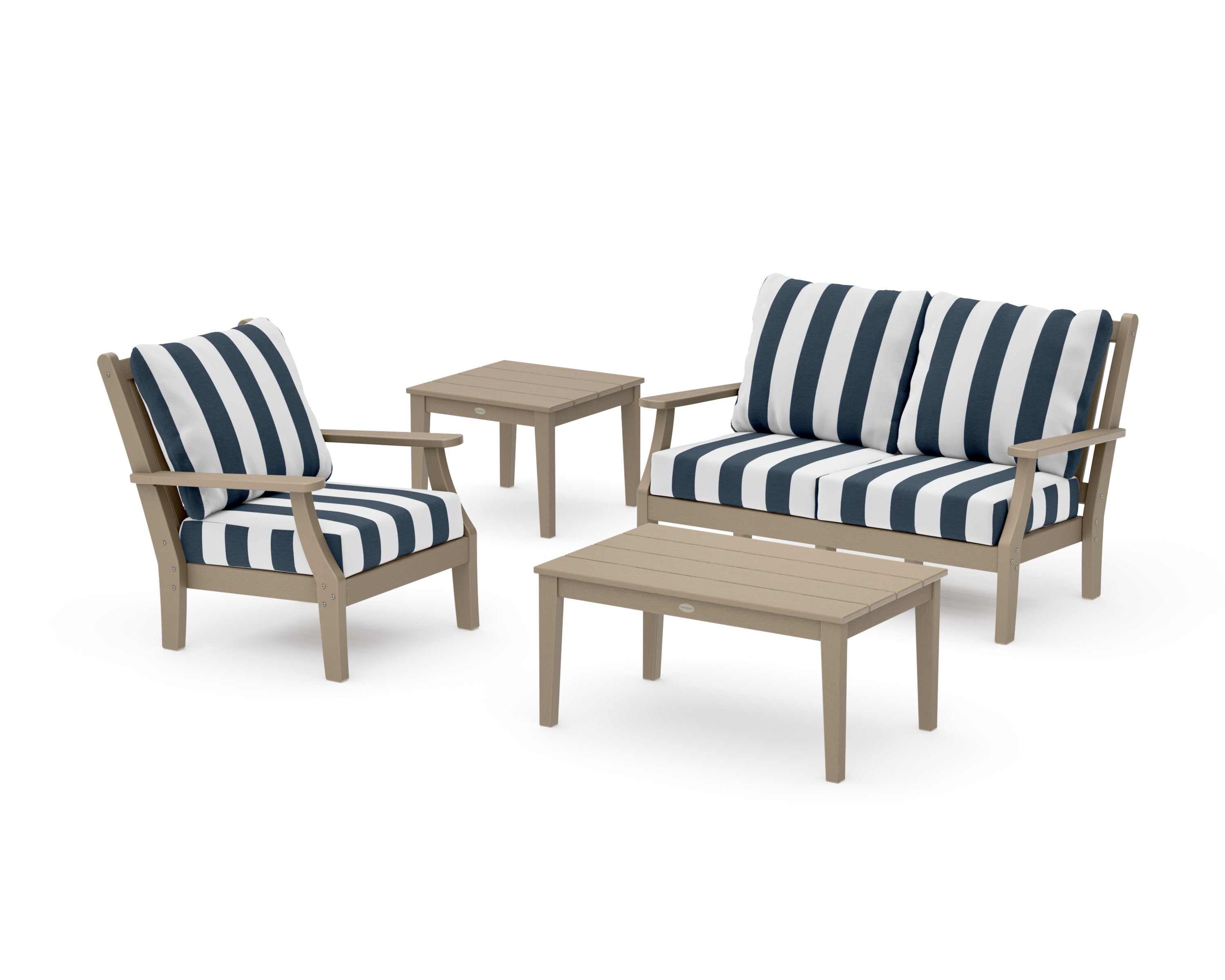 Wovendale 4-Piece Deep Seating Set in Vintage Sahara / Cabana Stripe Marine Indigo