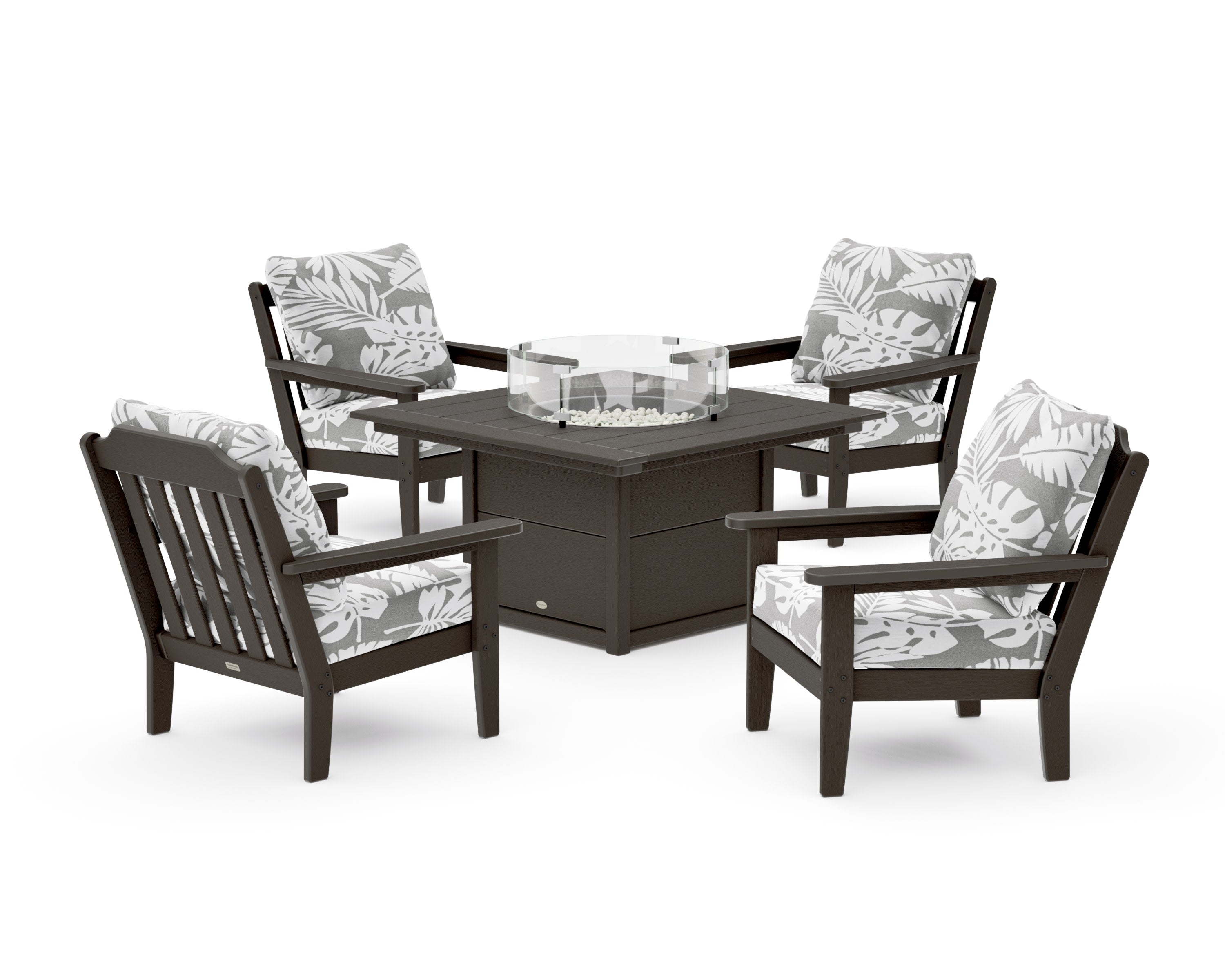 Cottage 5-Piece Deep Seating Set with Fire Pit Table in Vintage Coffee / Leaf Grey Mist