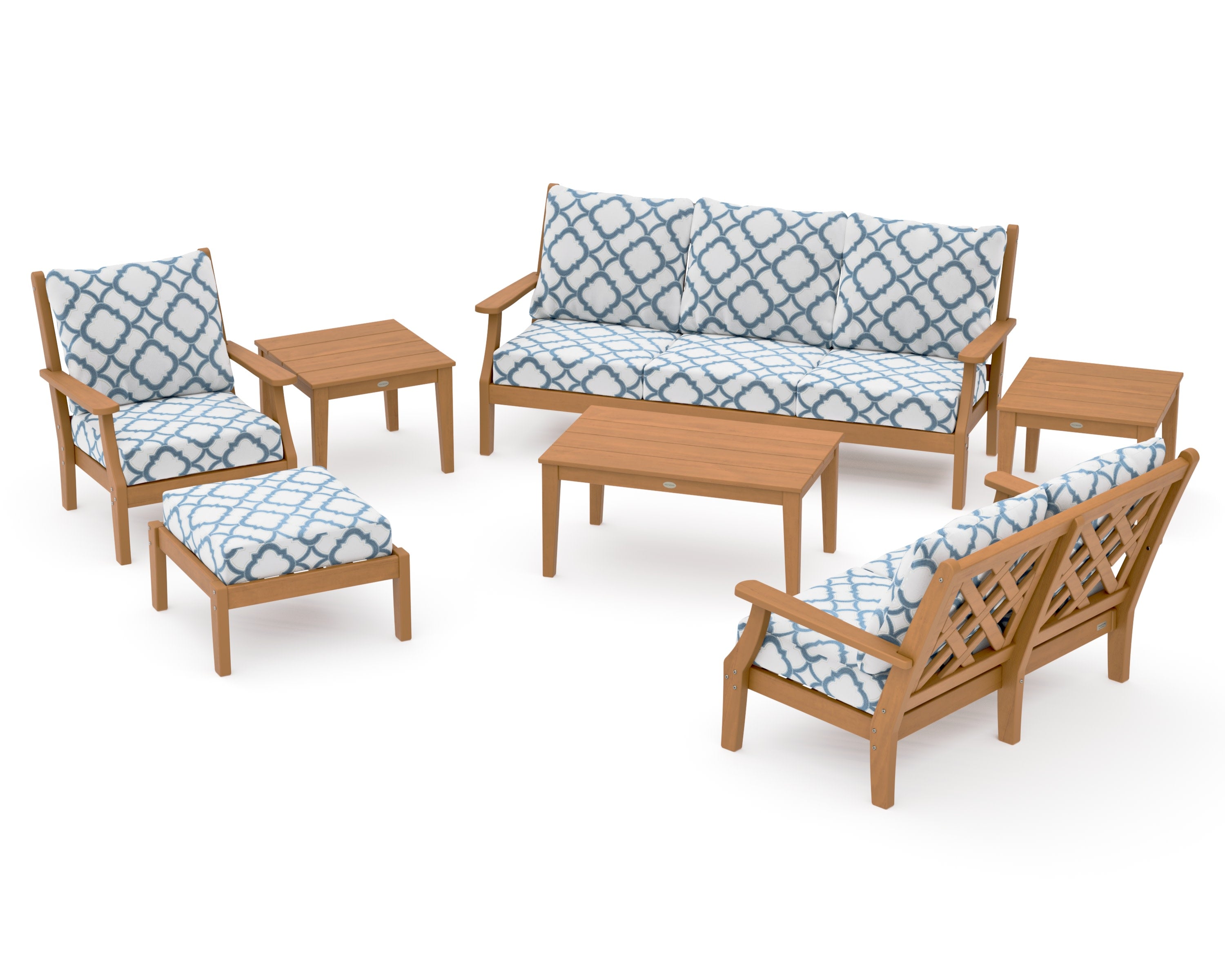 Wovendale 7-Piece Deep Seating Set in Natural / Trellis Sky Blue
