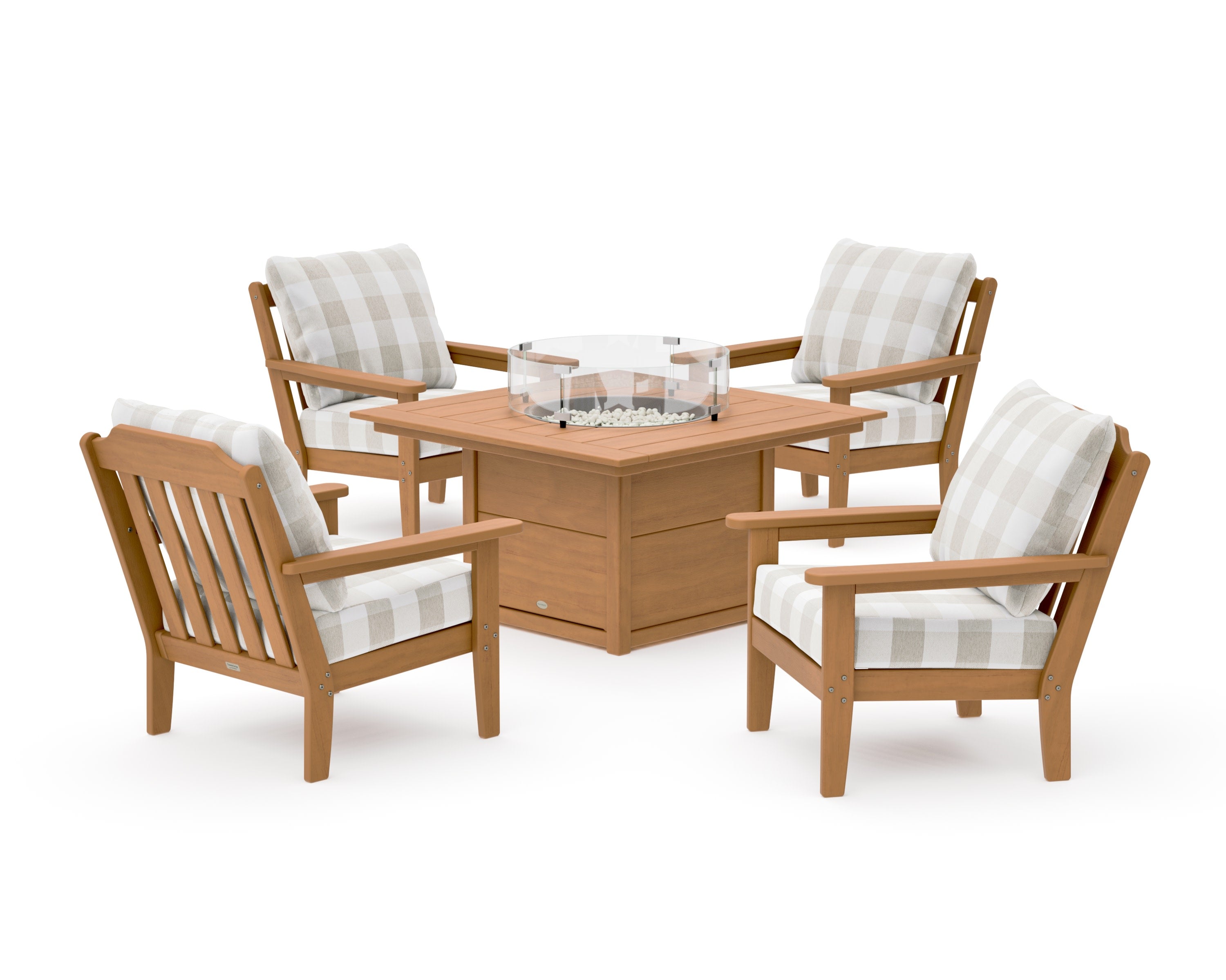 Cottage 5-Piece Deep Seating Set with Fire Pit Table in Natural / Buffalo Plaid Dune Burlap