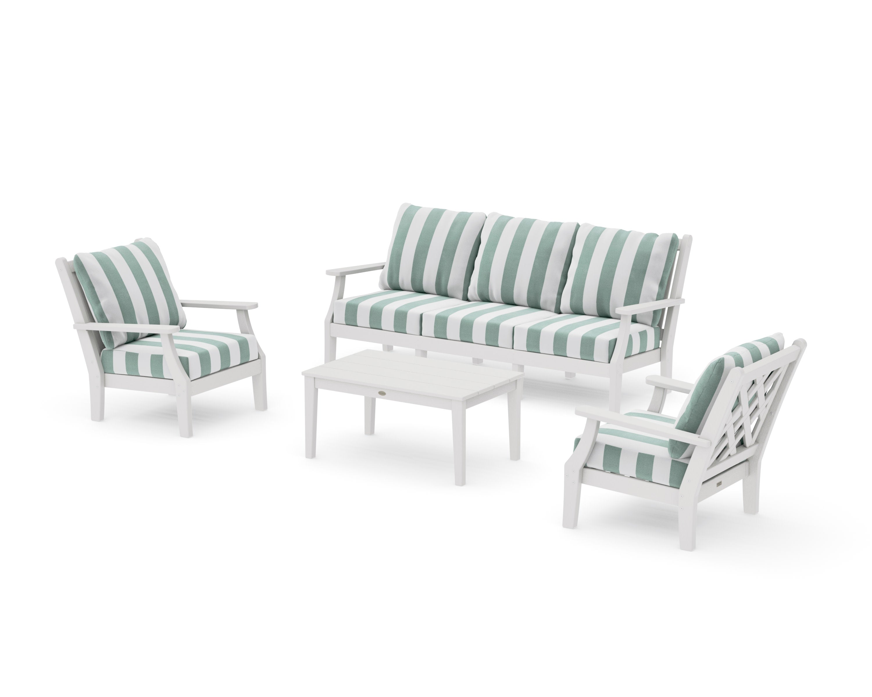 Wovendale 4-Piece Deep Seating Set with Sofa in Vintage White / Cabana Stripe Glacier Spa
