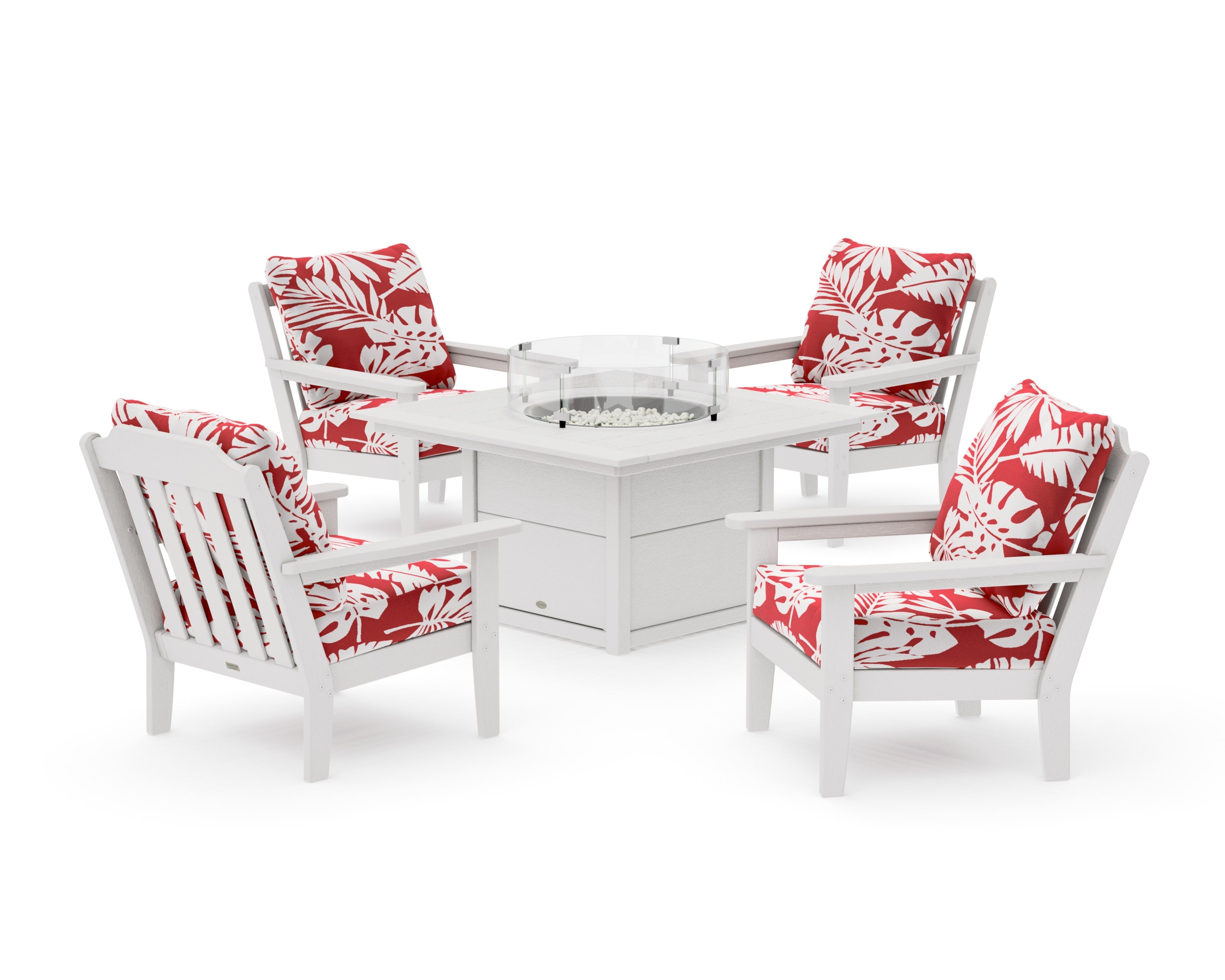 Cottage 5-Piece Deep Seating Set with Fire Pit Table in Vintage White / Leaf Crimson