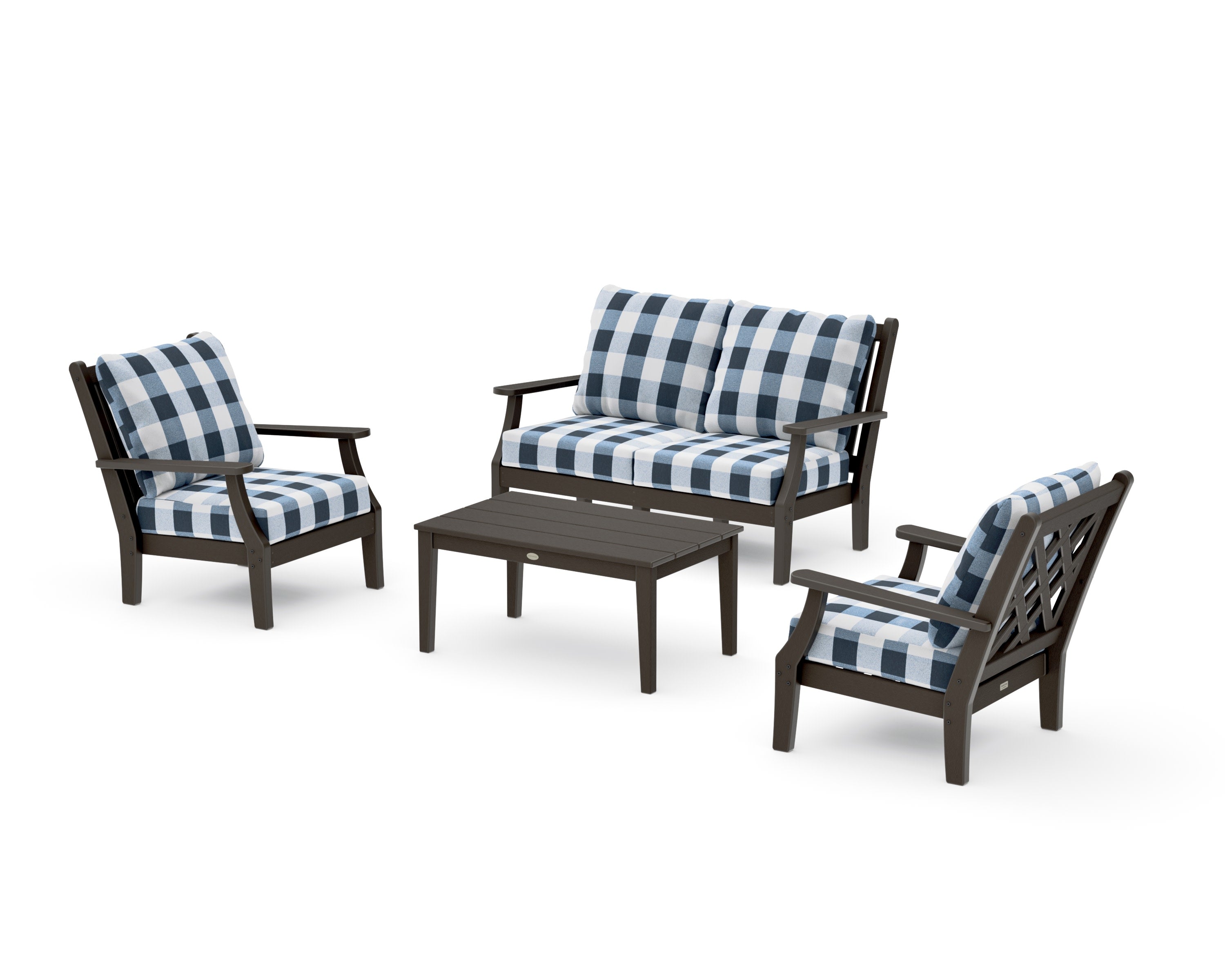 Wovendale 4-Piece Deep Seating Set with Loveseat in Vintage Coffee / Buffalo Plaid Marine Indigo