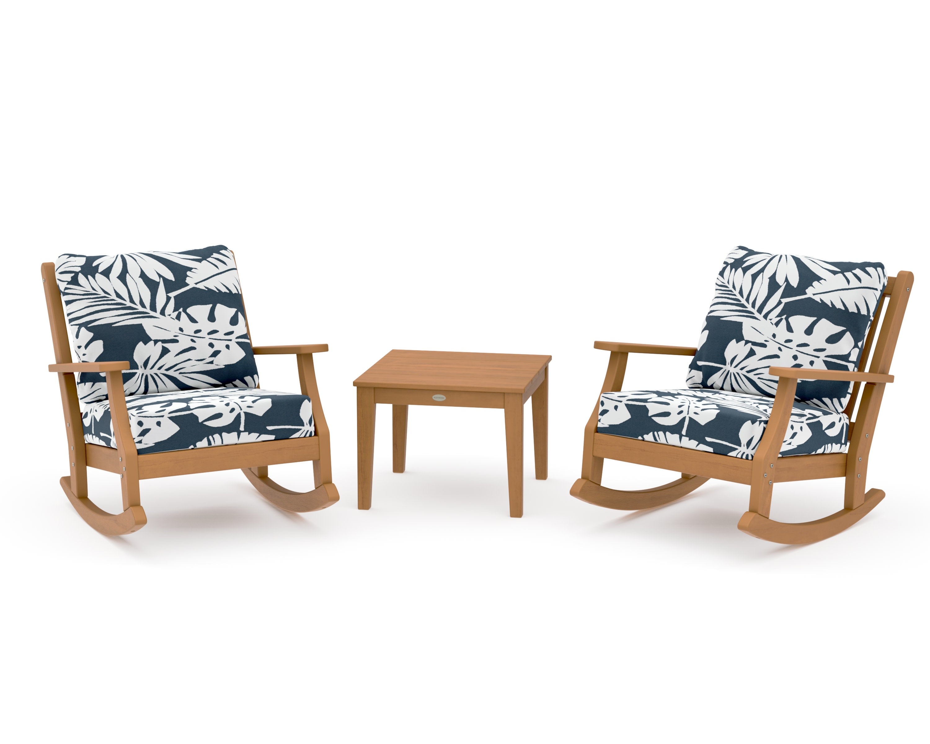Wovendale 3-Piece Deep Seating Rocker Set in Natural / Leaf Marine Indigo
