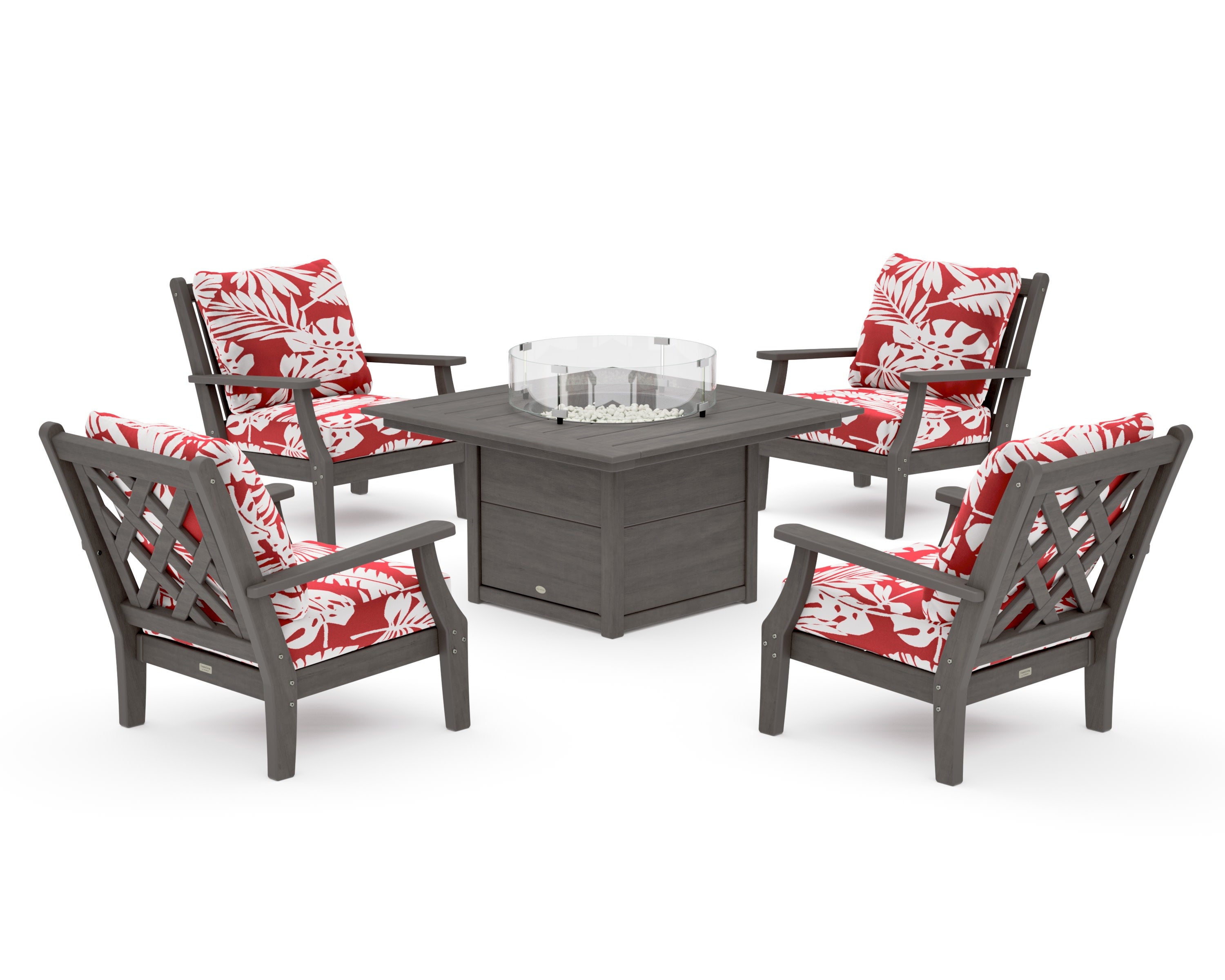 Wovendale 5-Piece Deep Seating Set with Fire Pit Table in Driftwood / Leaf Crimson