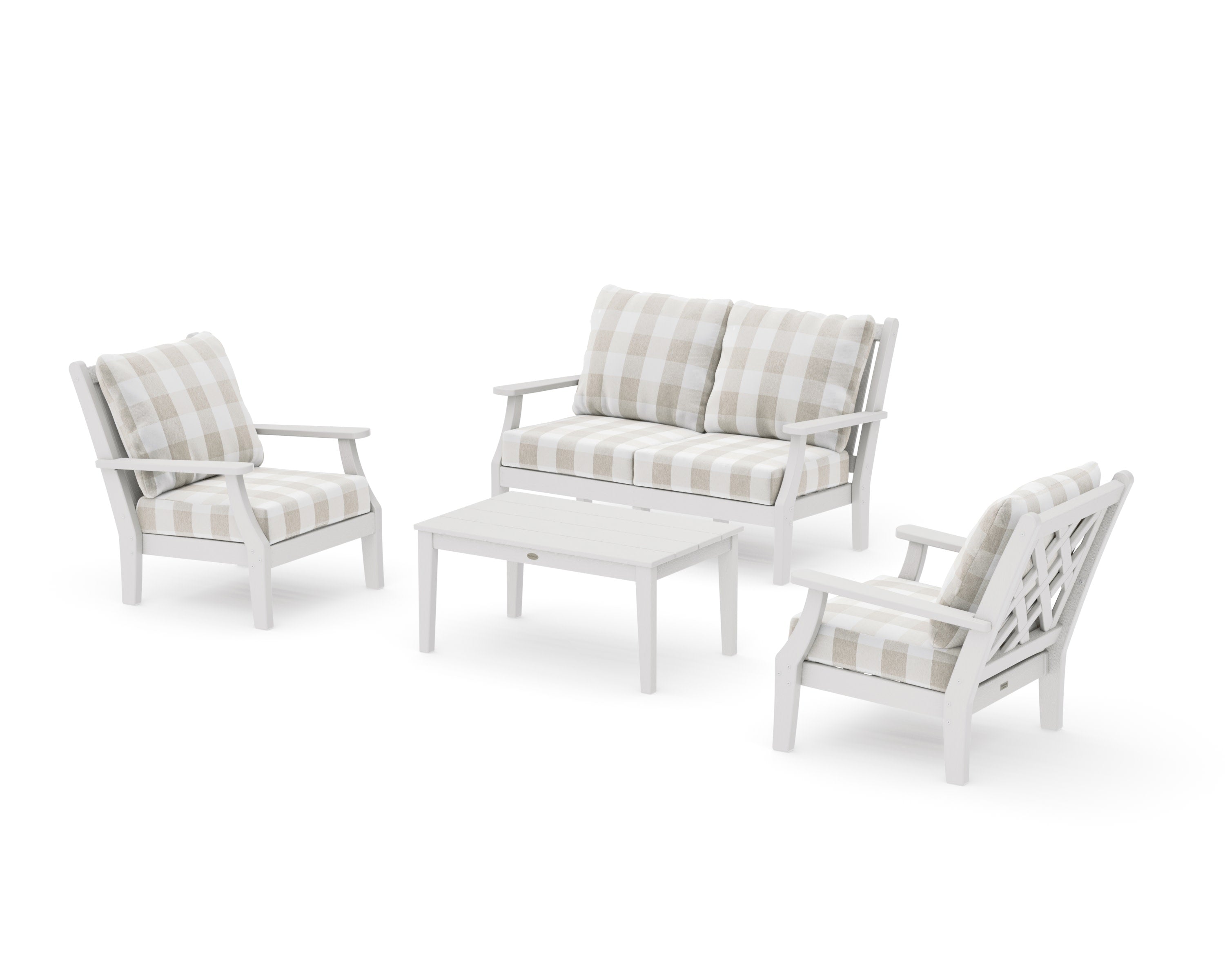 Wovendale 4-Piece Deep Seating Set with Loveseat in Vintage White / Buffalo Plaid Dune Burlap
