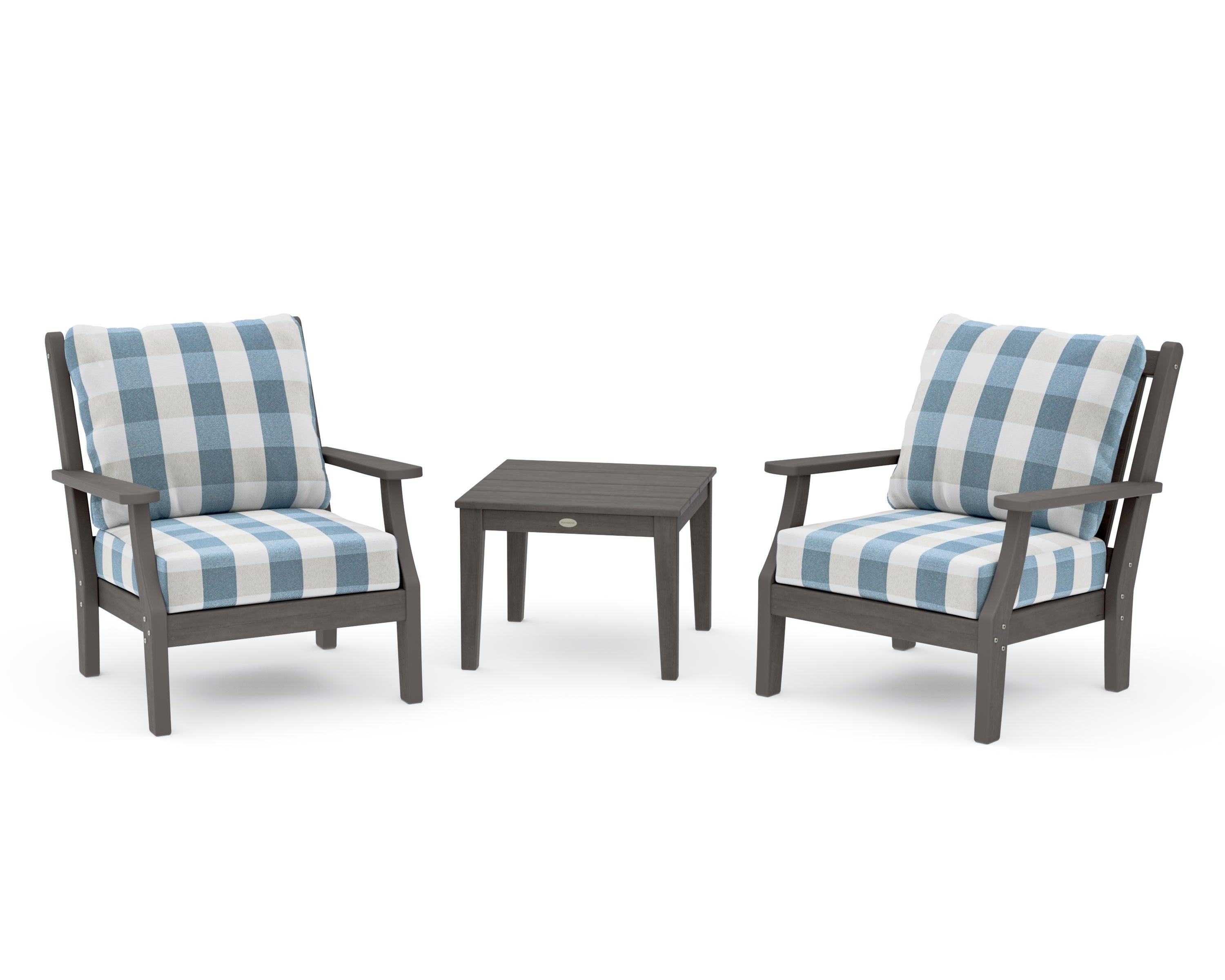Wovendale 3-Piece Deep Seating Set in Driftwood / Buffalo Plaid Sky Blue