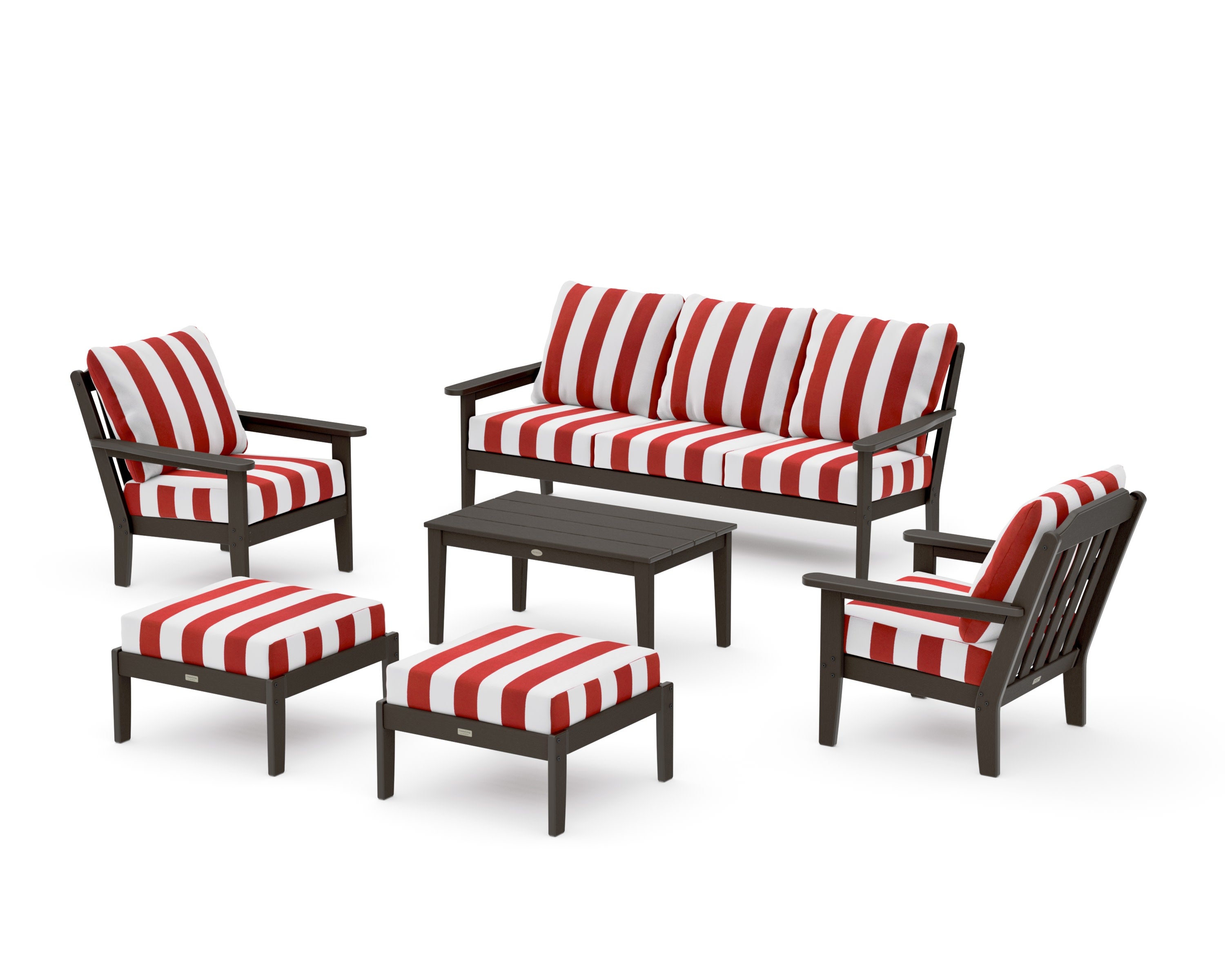 Cottage 6-Piece Lounge Sofa Set in Vintage Coffee / Cabana Stripe Crimson