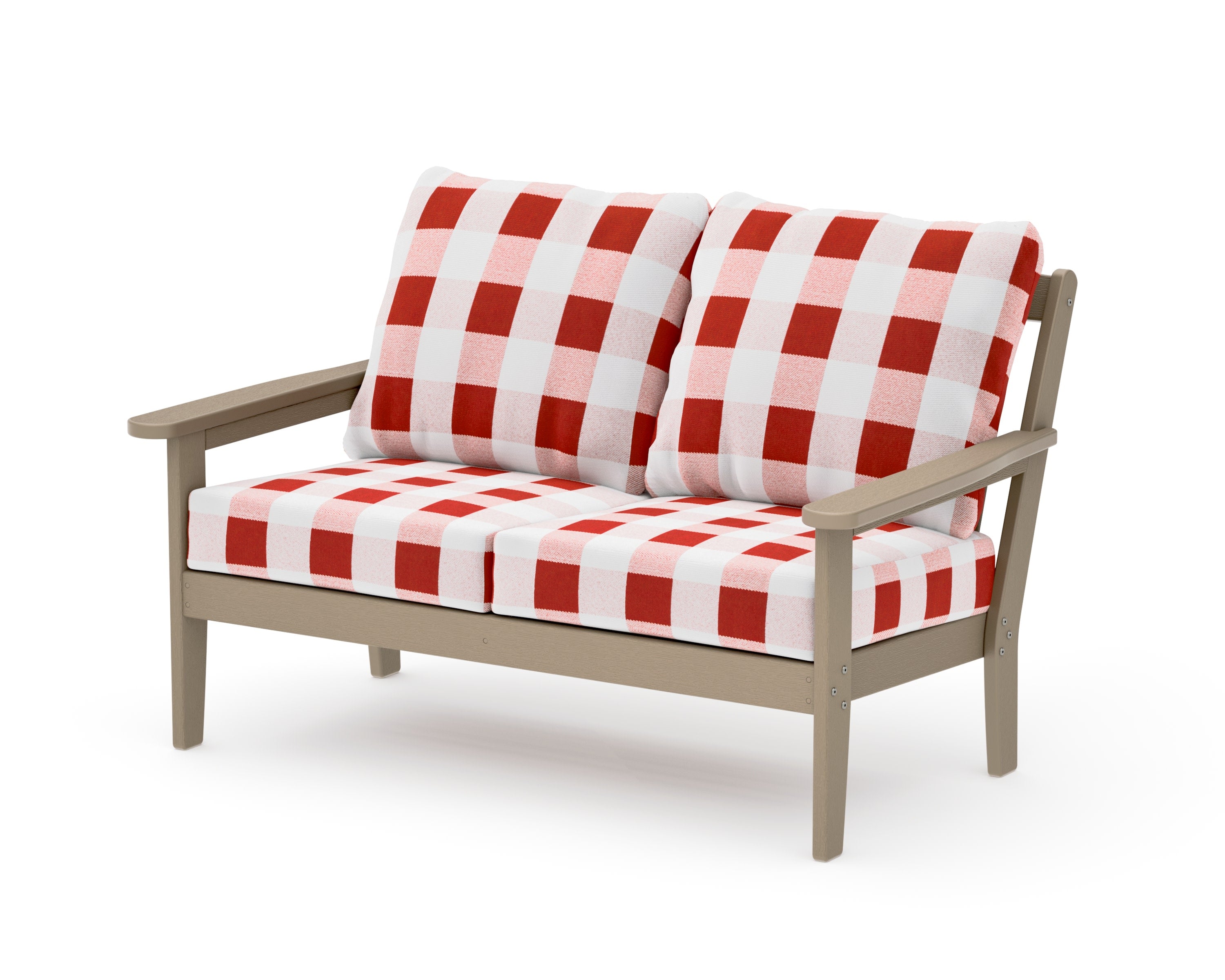 Cottage Deep Seating Loveseat in Vintage Sahara / Buffalo Plaid Crimson