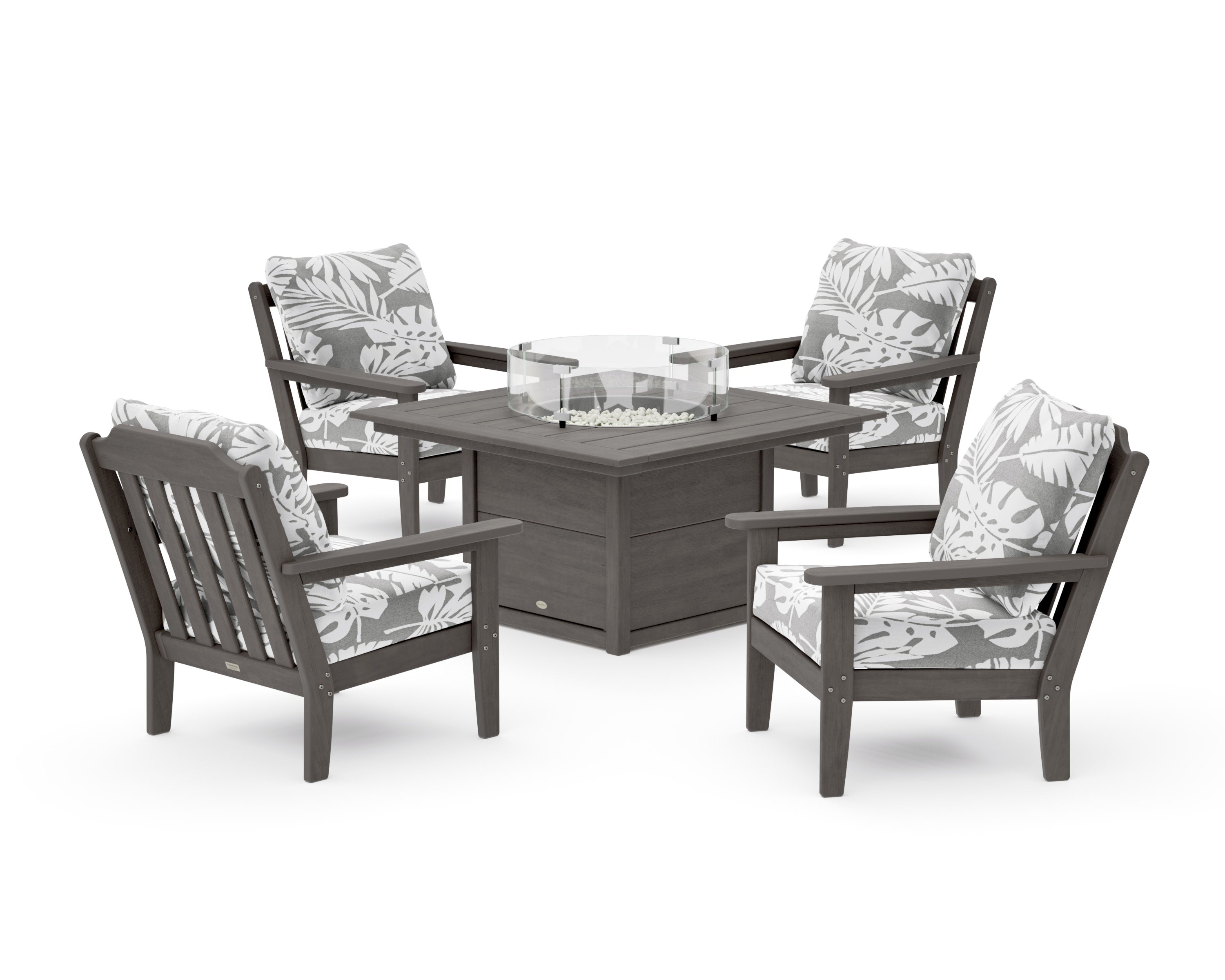 Cottage 5-Piece Deep Seating Set with Fire Pit Table in Driftwood / Leaf Grey Mist