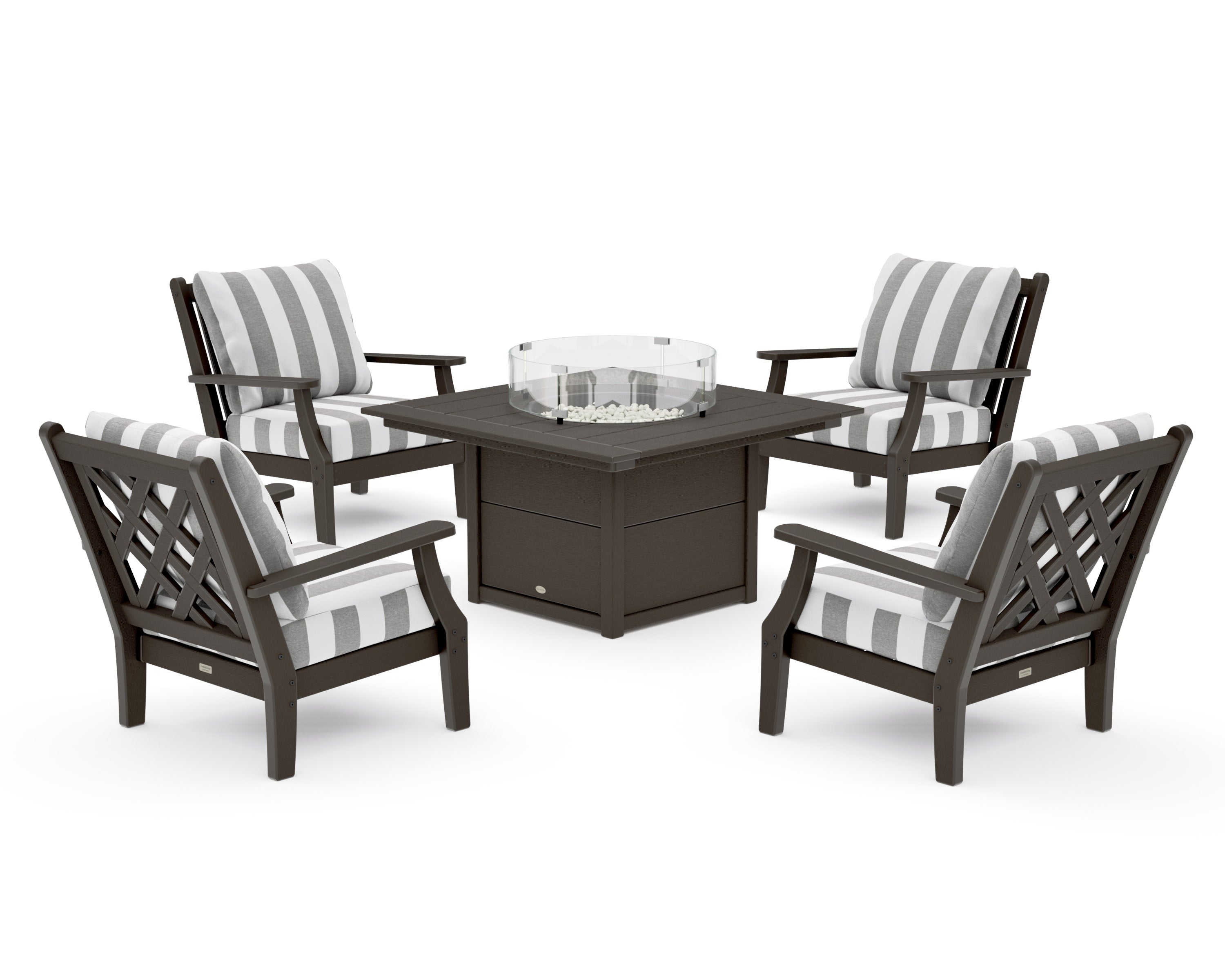 Wovendale 5-Piece Deep Seating Set with Fire Pit Table in Vintage Coffee / Cabana Stripe Grey Mist