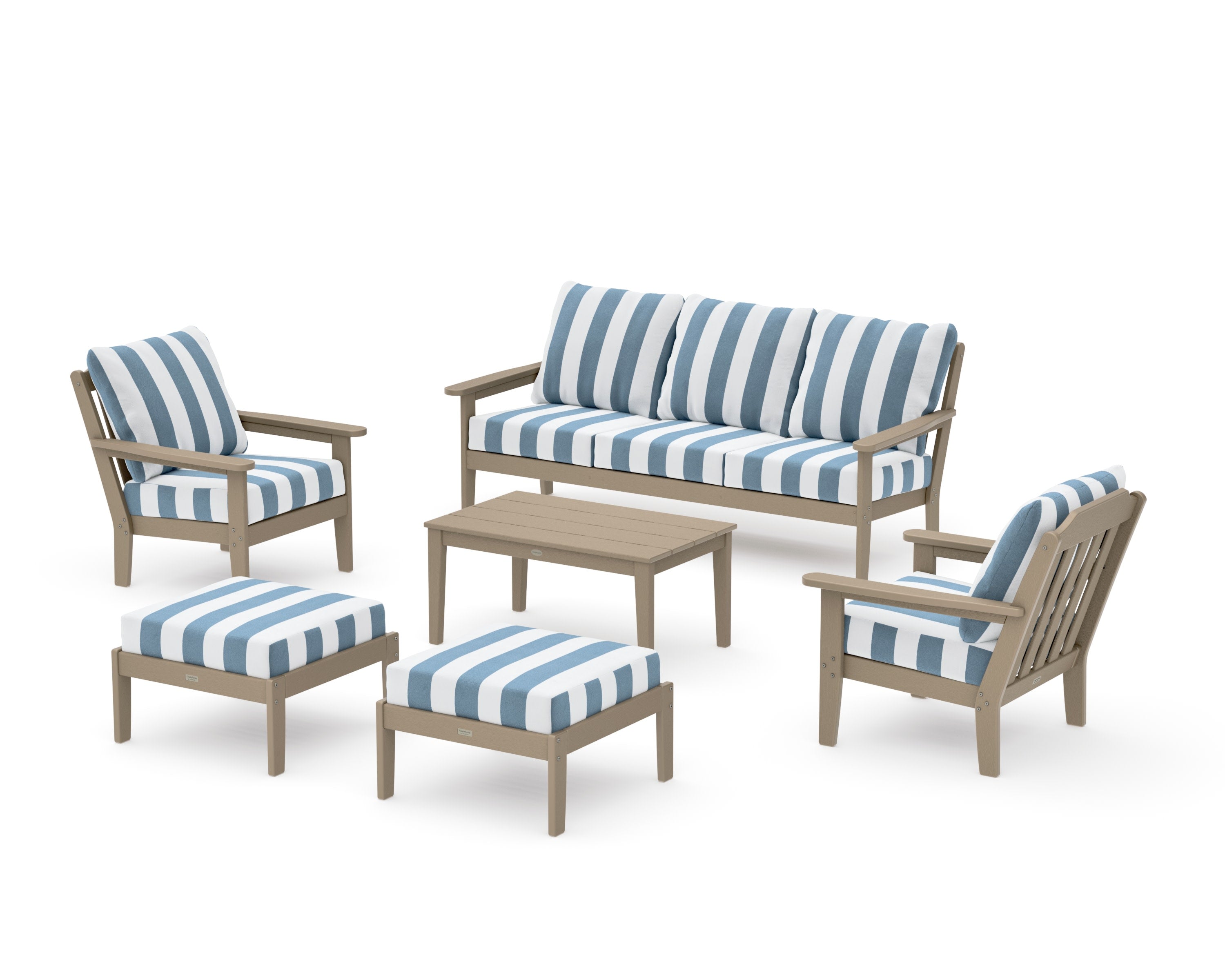 Cottage 6-Piece Lounge Sofa Set in Vintage Sahara / Cabana Stripe Sky Blue