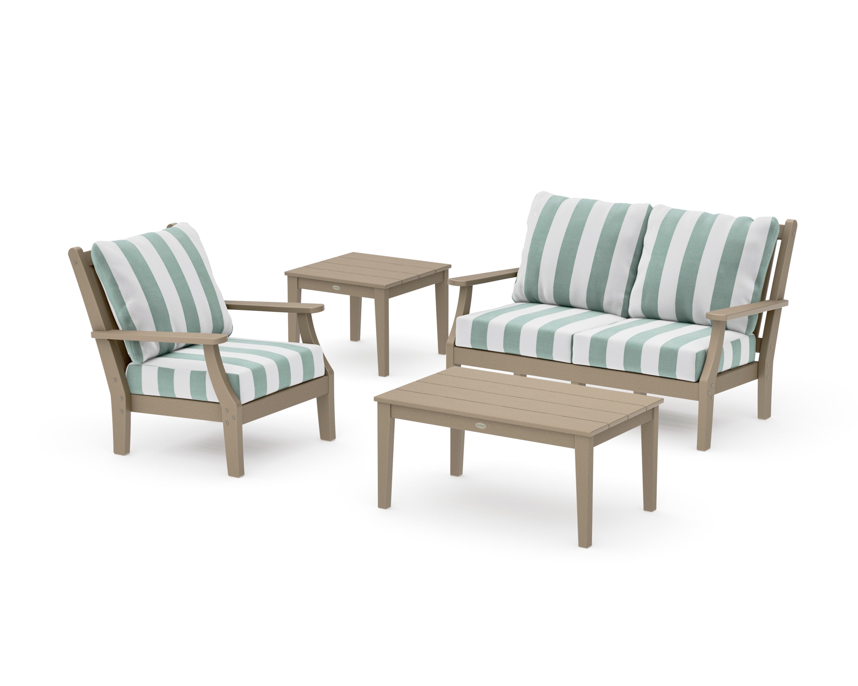Wovendale 4-Piece Deep Seating Set in Vintage Sahara / Cabana Stripe Glacier Spa