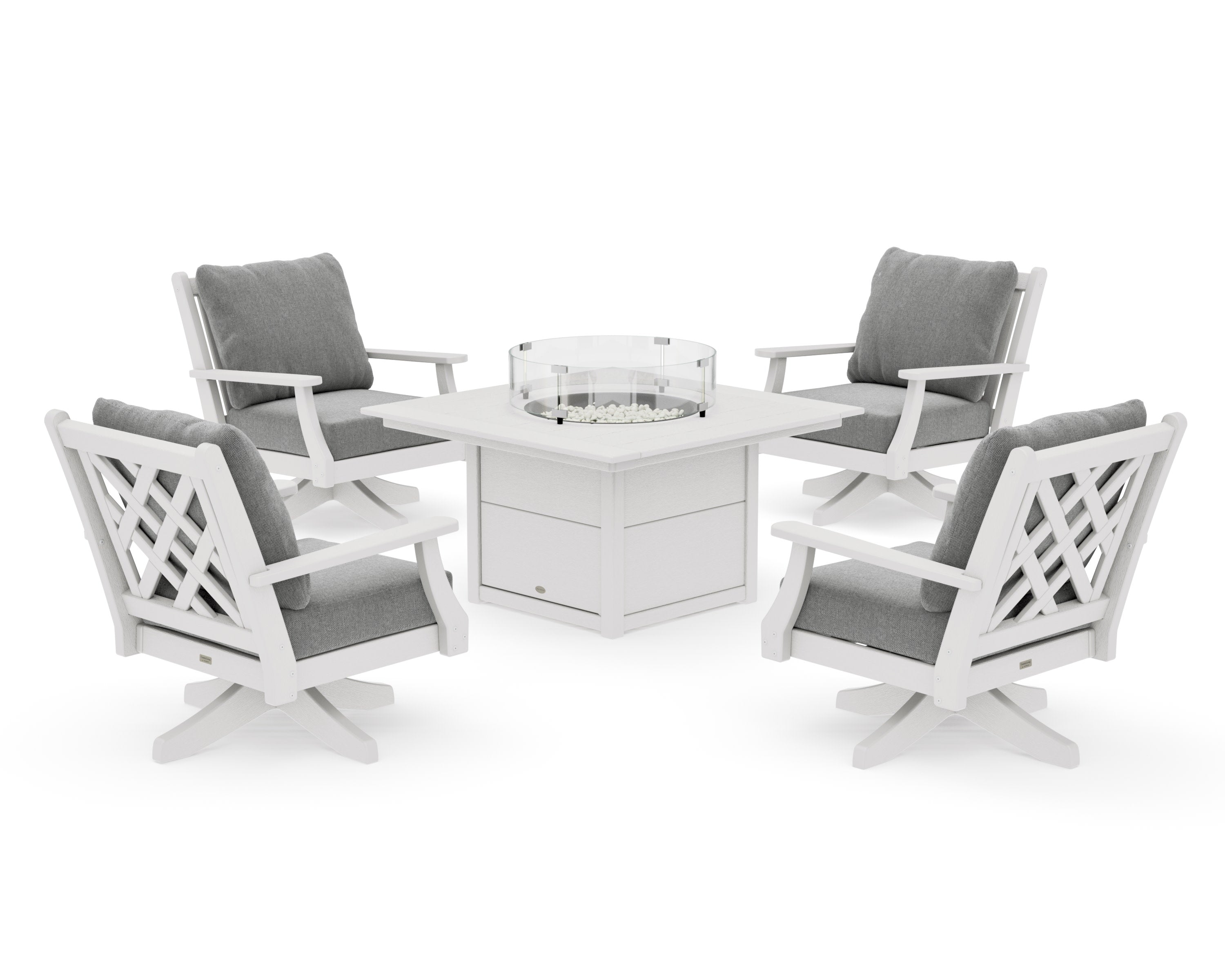 Wovendale 5-Piece Deep Seating Swivel Conversation Set with Fire Pit Table in Vintage White / Grey Mist