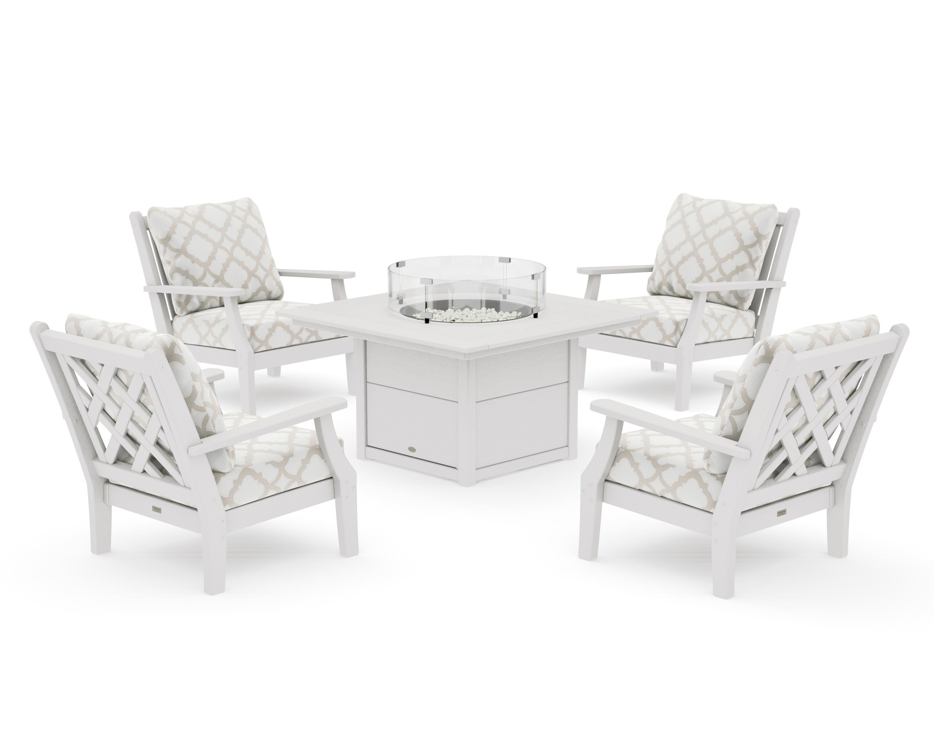 Wovendale 5-Piece Deep Seating Set with Fire Pit Table in Vintage White / Trellis Dune Burlap