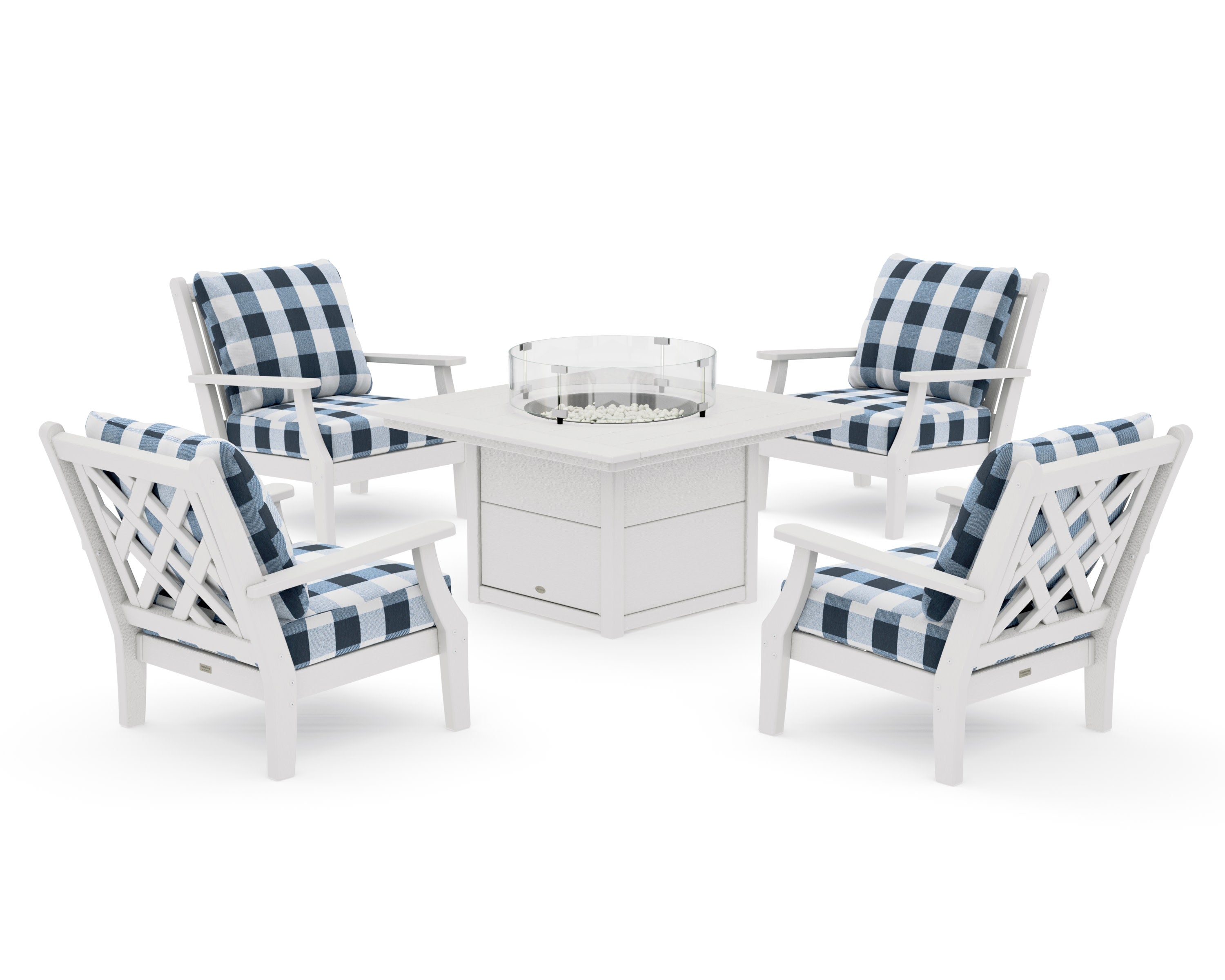 Wovendale 5-Piece Deep Seating Set with Fire Pit Table in Vintage White / Buffalo Plaid Marine Indigo