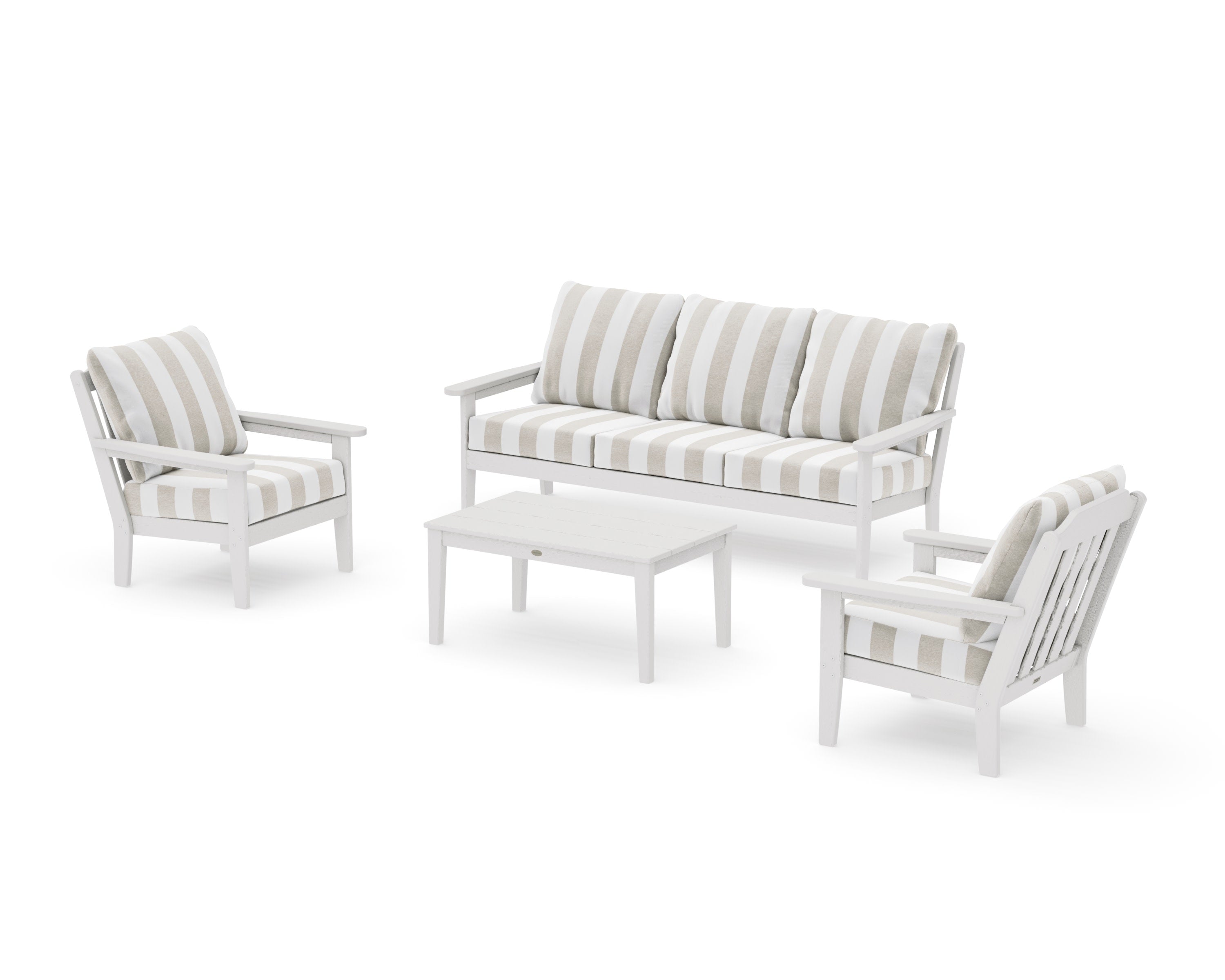 Cottage 4-Piece Deep Seating Set with Sofa in Vintage White / Cabana Stripe Dune Burlap