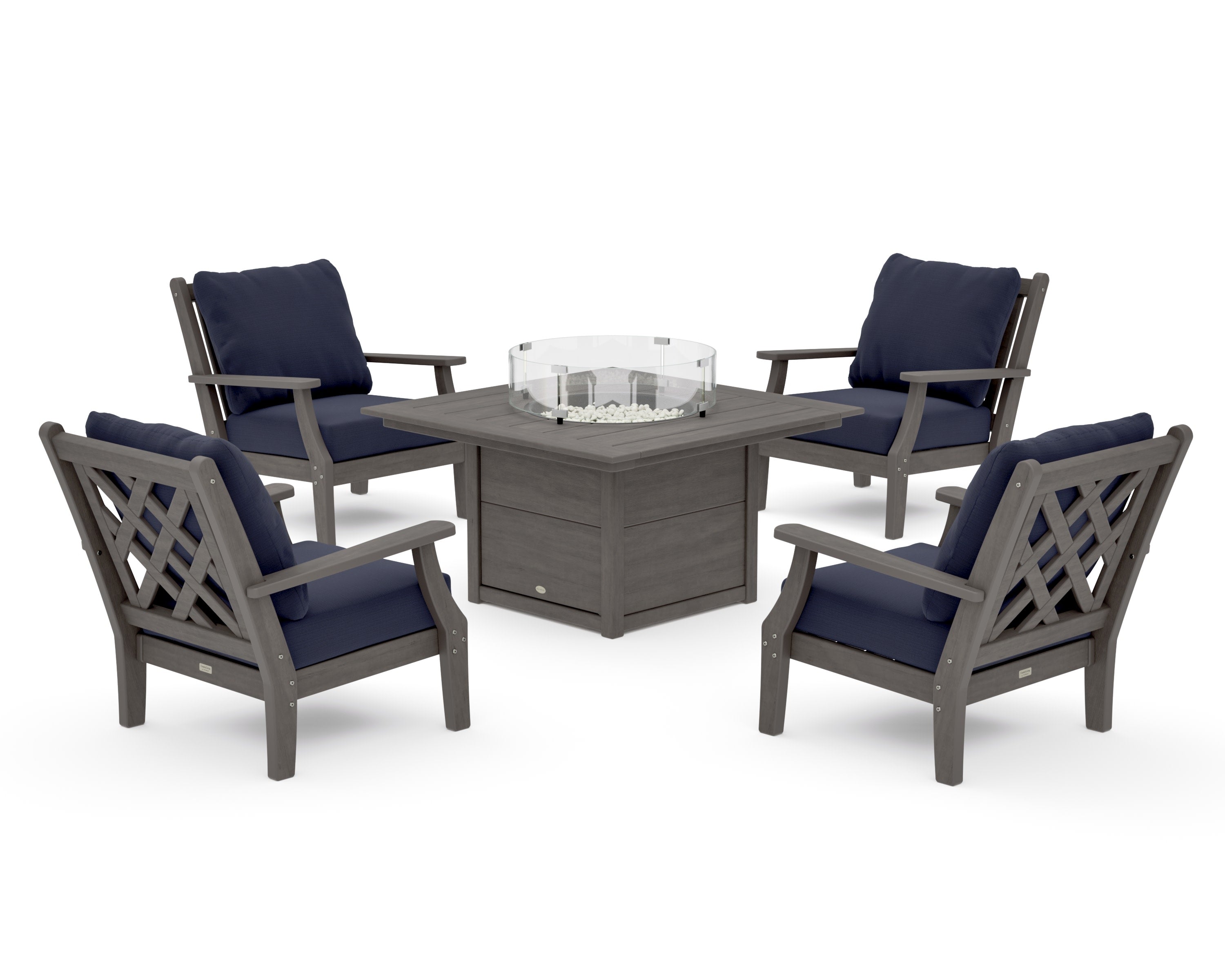 Wovendale 5-Piece Deep Seating Set with Fire Pit Table in Driftwood / Navy Linen