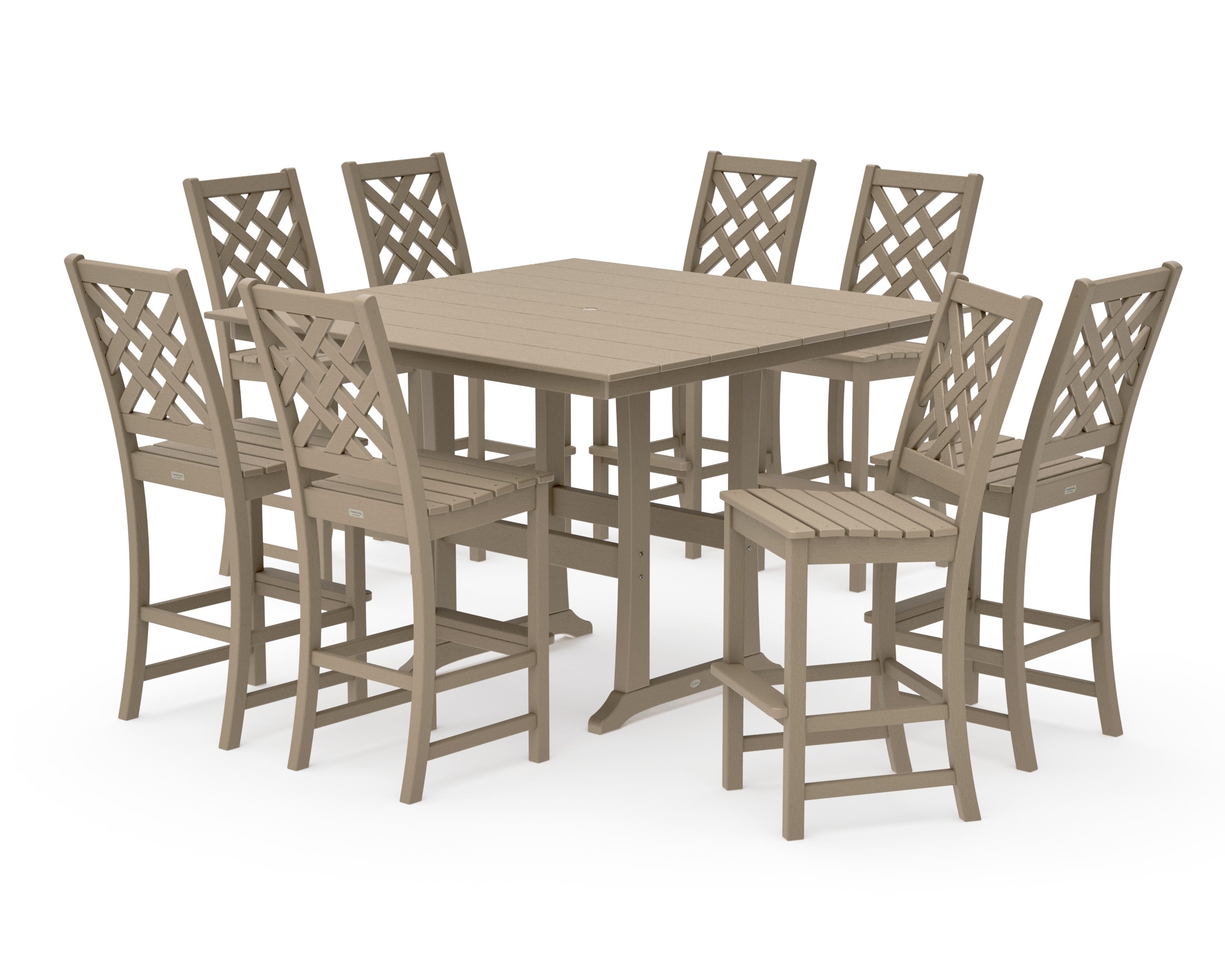 Wovendale Side Chair 9-Piece Square Farmhouse Bar Set with Trestle Legs in Vintage Sahara