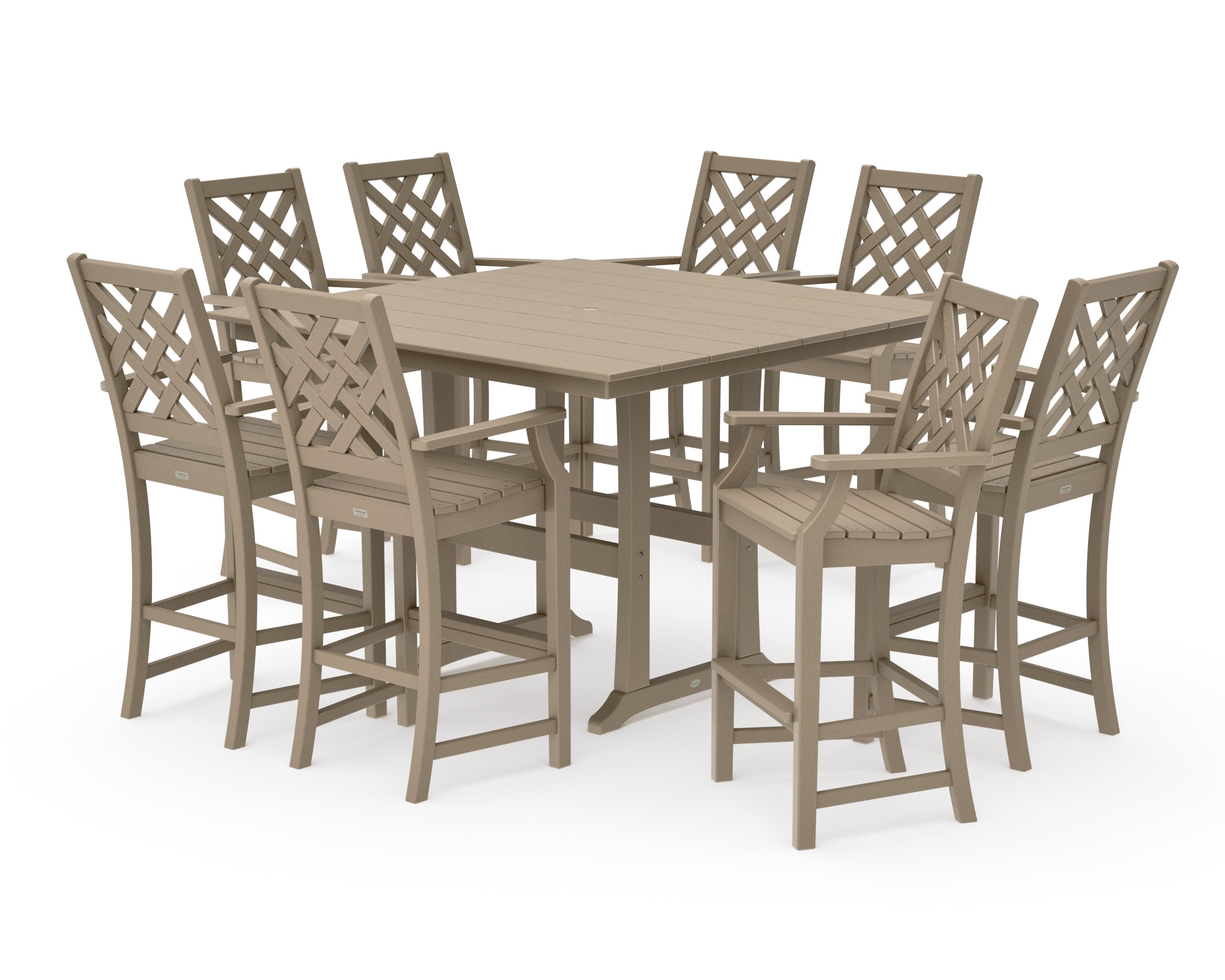 Wovendale 9-Piece Square Farmhouse Bar Set with Trestle Legs in Vintage Sahara
