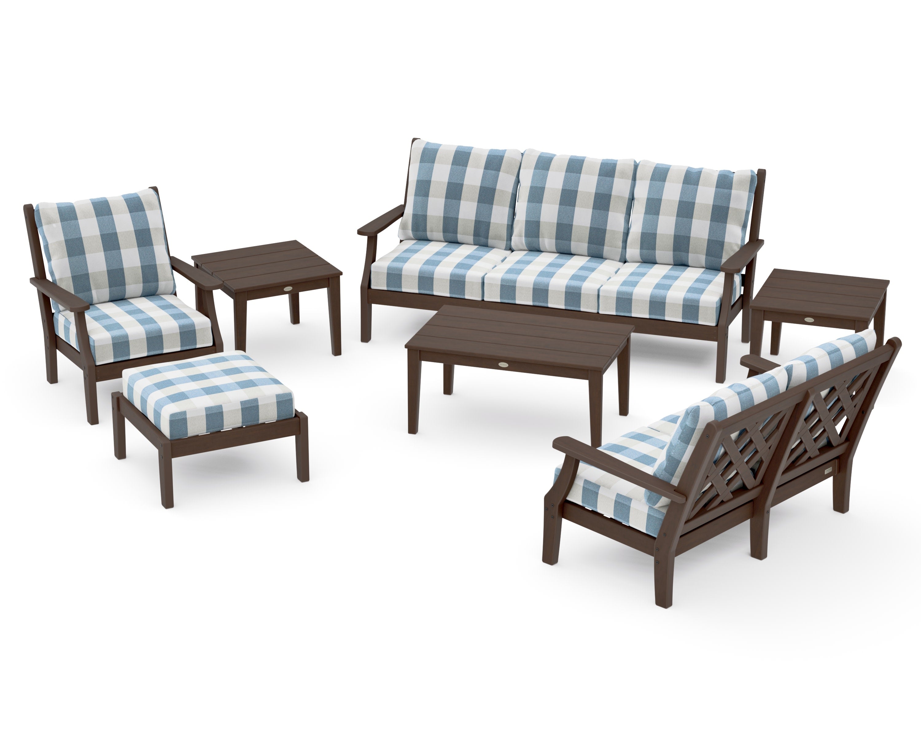 Wovendale 7-Piece Deep Seating Set in Kona / Buffalo Plaid Sky Blue