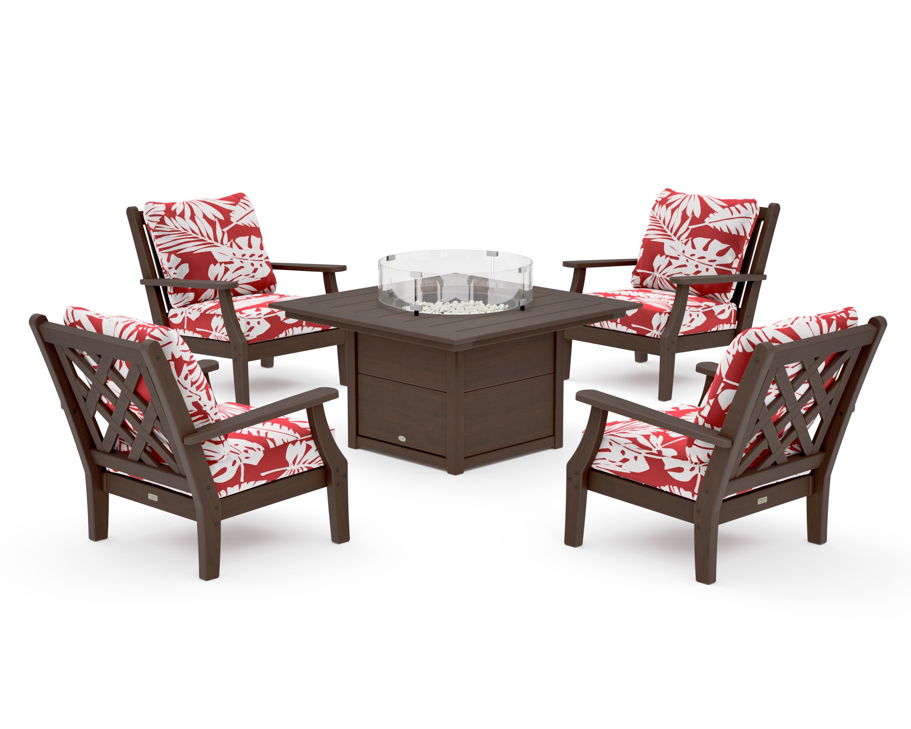 Wovendale 5-Piece Deep Seating Set with Fire Pit Table in Kona / Leaf Crimson