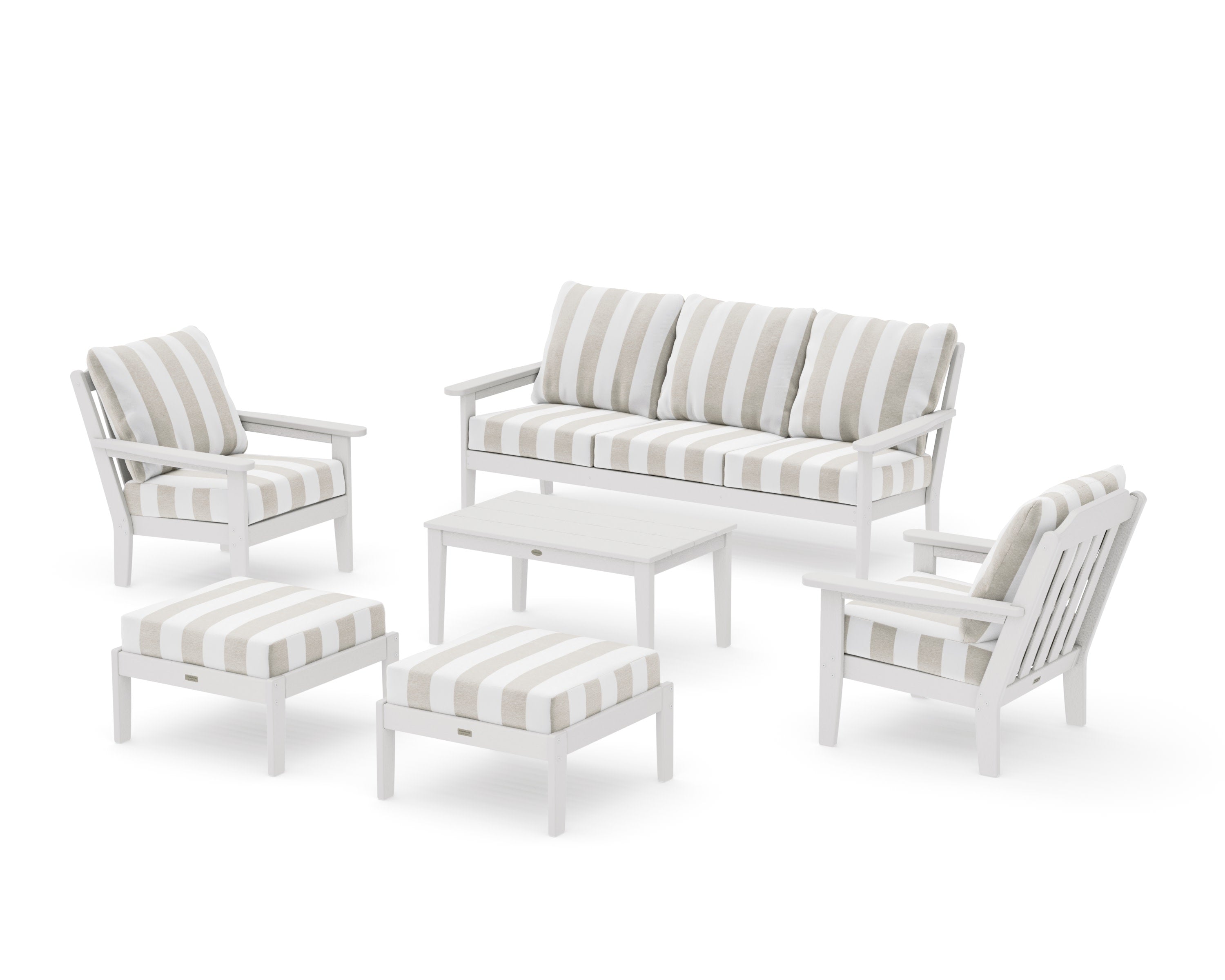 Cottage 6-Piece Lounge Sofa Set in Vintage White / Cabana Stripe Dune Burlap