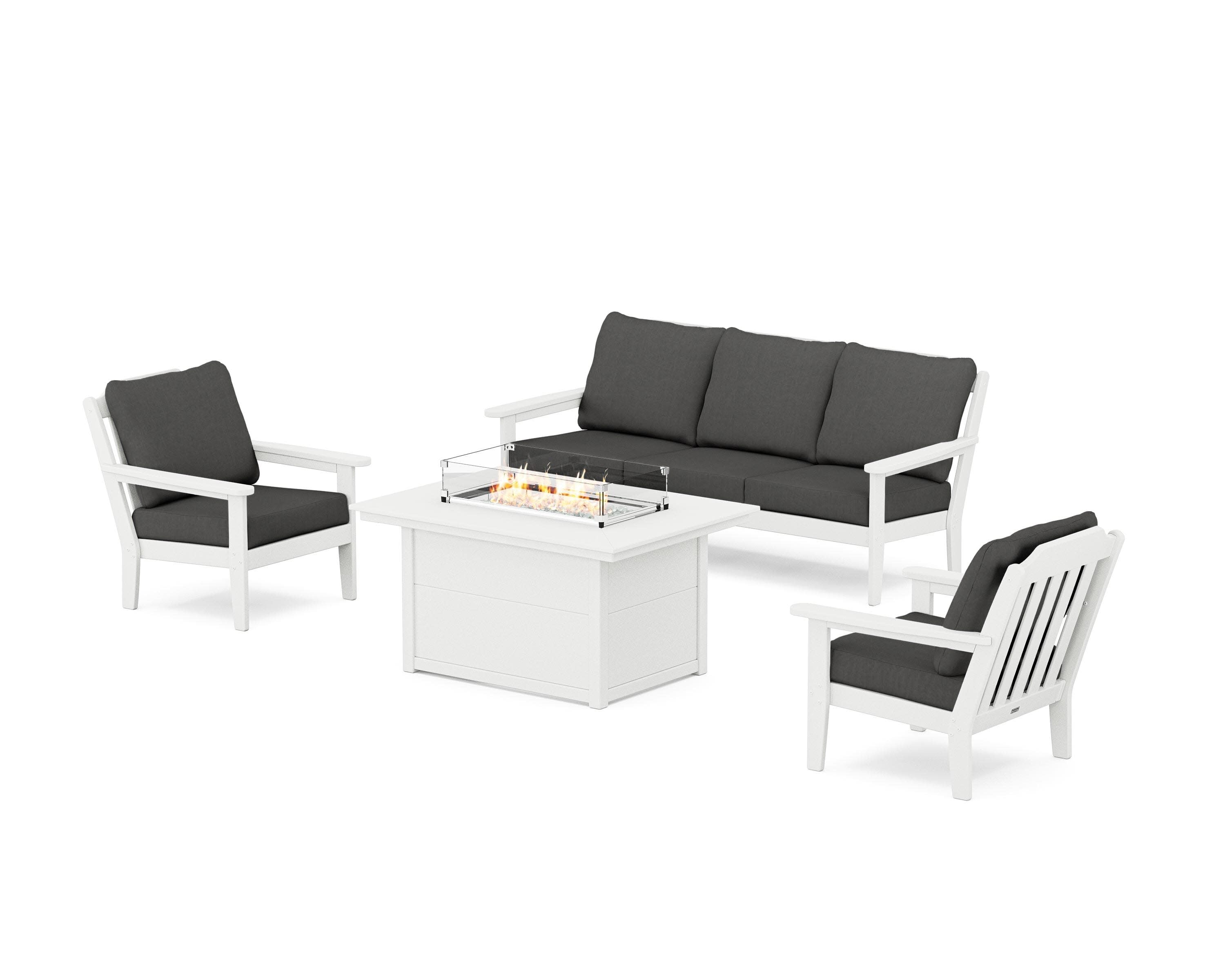 Cottage Deep Seating Fire Pit Table Set in White / Spectrum Carbon