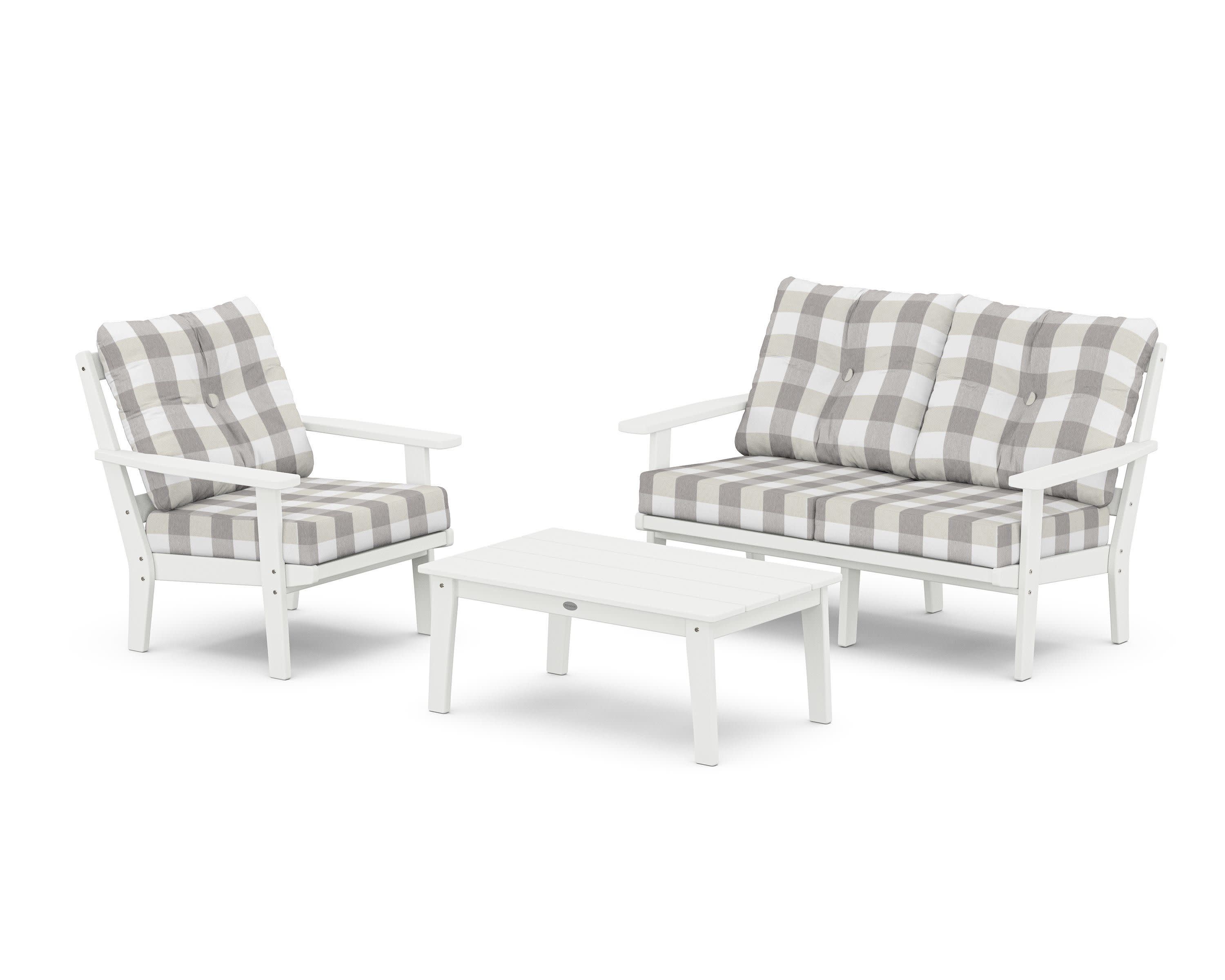 Prairie 3-Piece Deep Seating Set with Loveseat in White / Buffalo Plaid Grey Mist