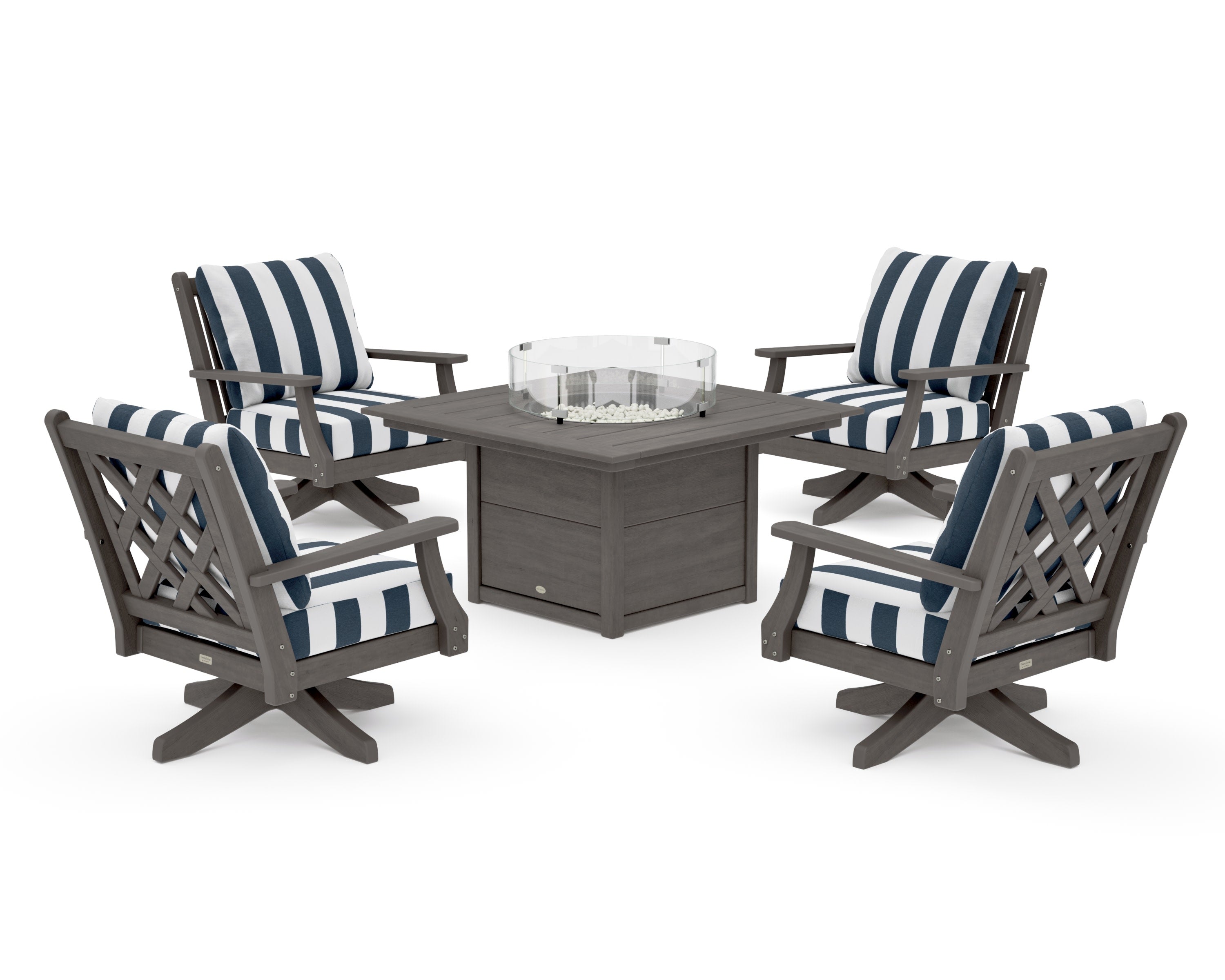 Wovendale 5-Piece Deep Seating Swivel Conversation Set with Fire Pit Table in Driftwood / Cabana Stripe Marine Indigo