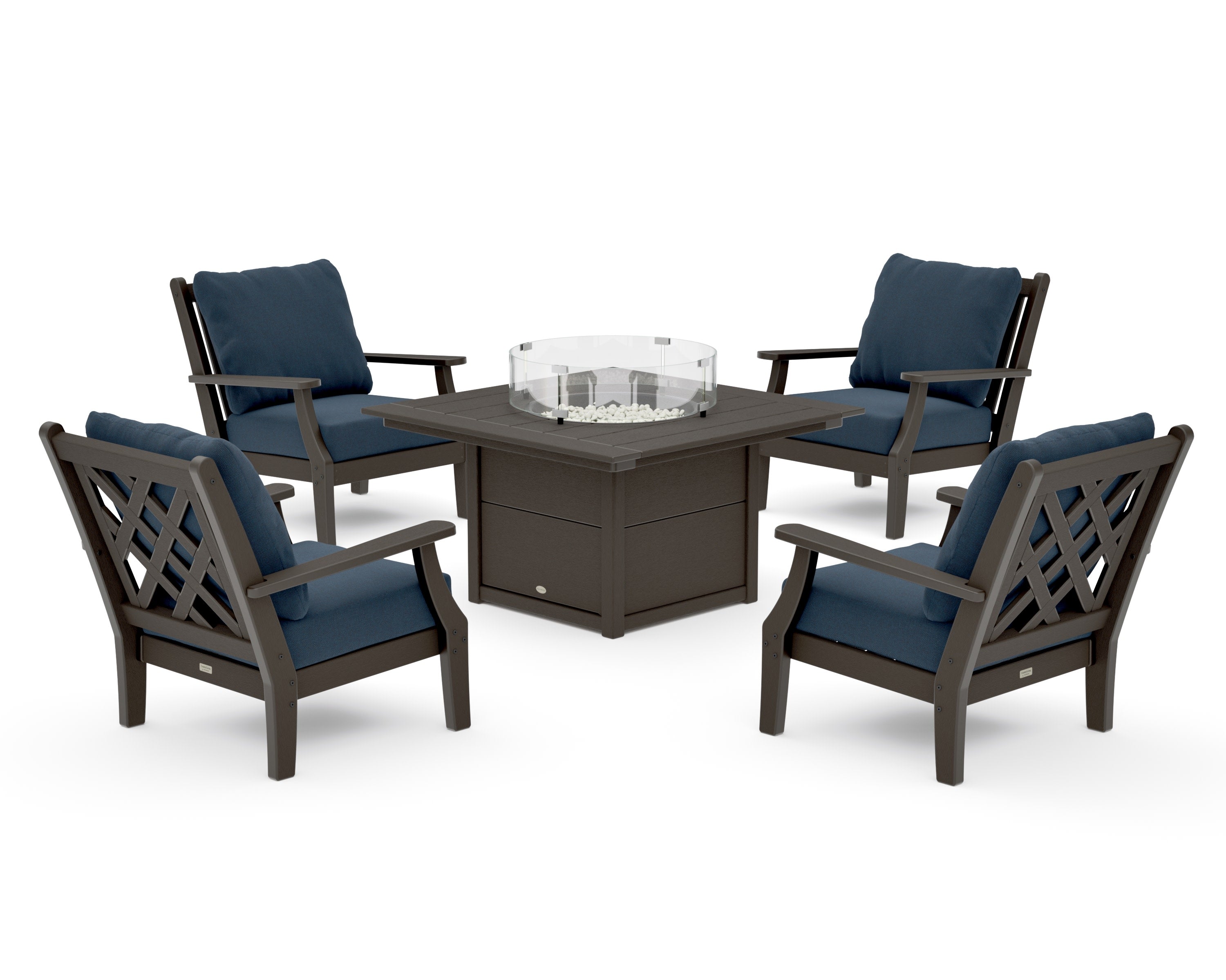 Wovendale 5-Piece Deep Seating Set with Fire Pit Table in Vintage Coffee / Marine Indigo