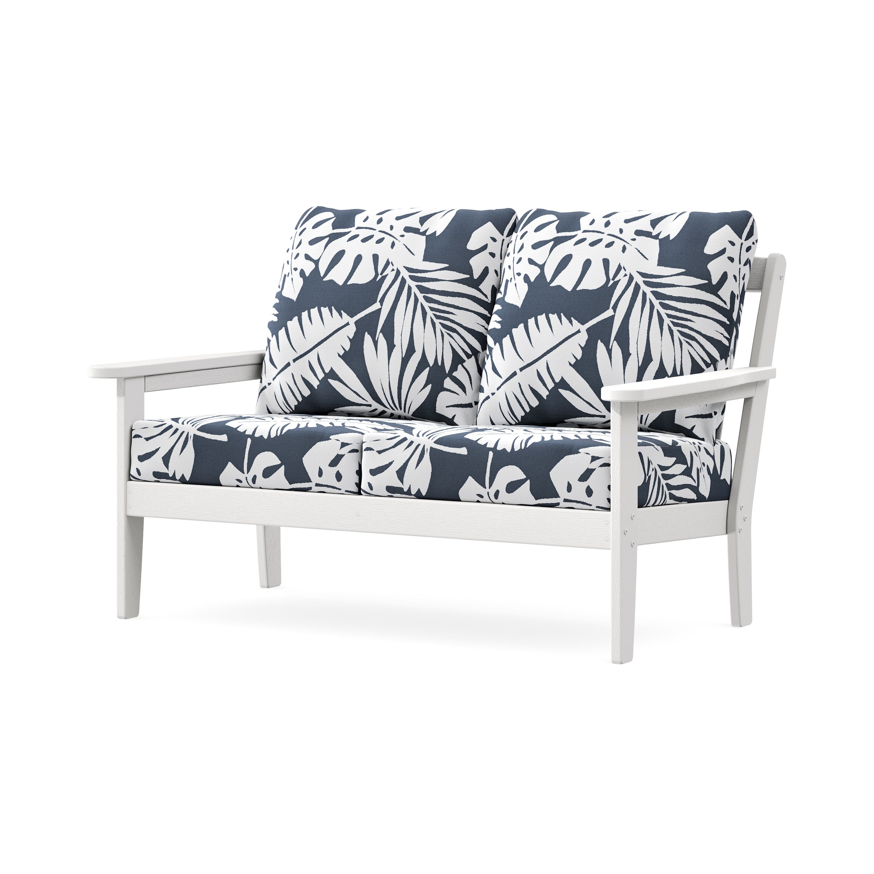 Cottage Deep Seating Loveseat in Vintage White / Leaf Marine Indigo