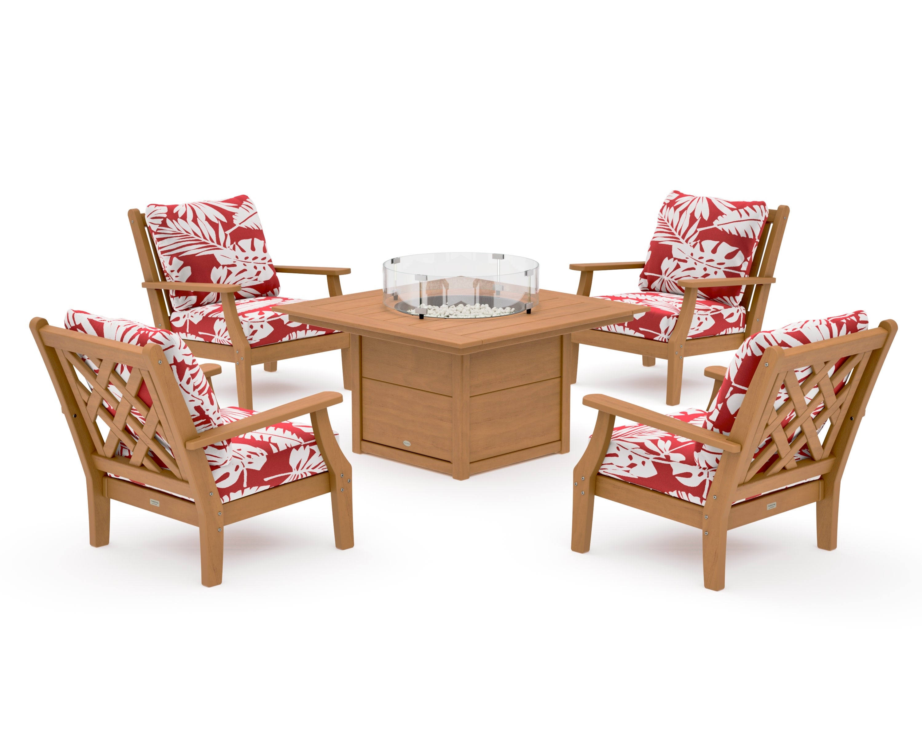 Wovendale 5-Piece Deep Seating Set with Fire Pit Table in Natural / Leaf Crimson