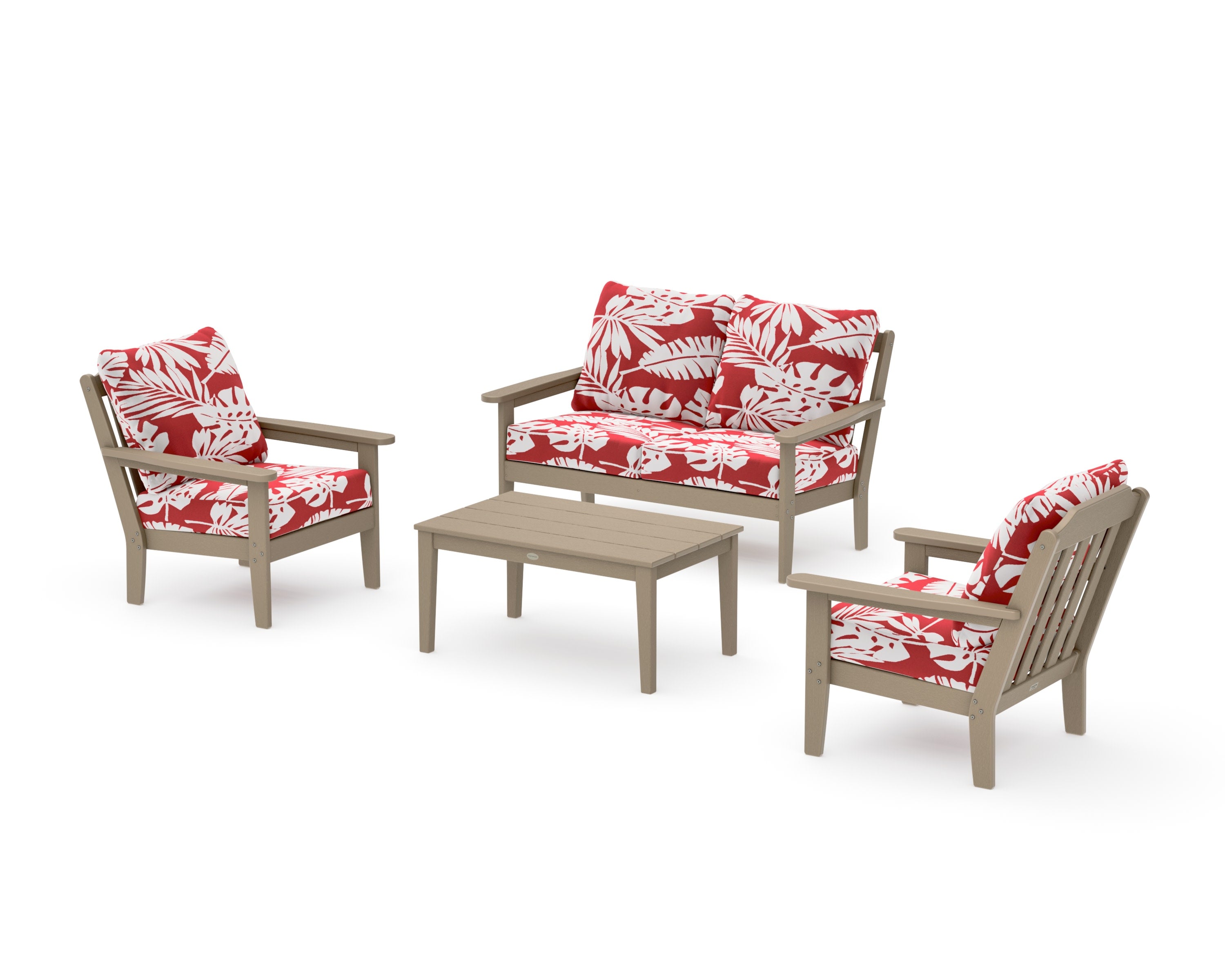 Cottage 4-Piece Deep Seating Set with Loveseat in Vintage Sahara / Leaf Crimson