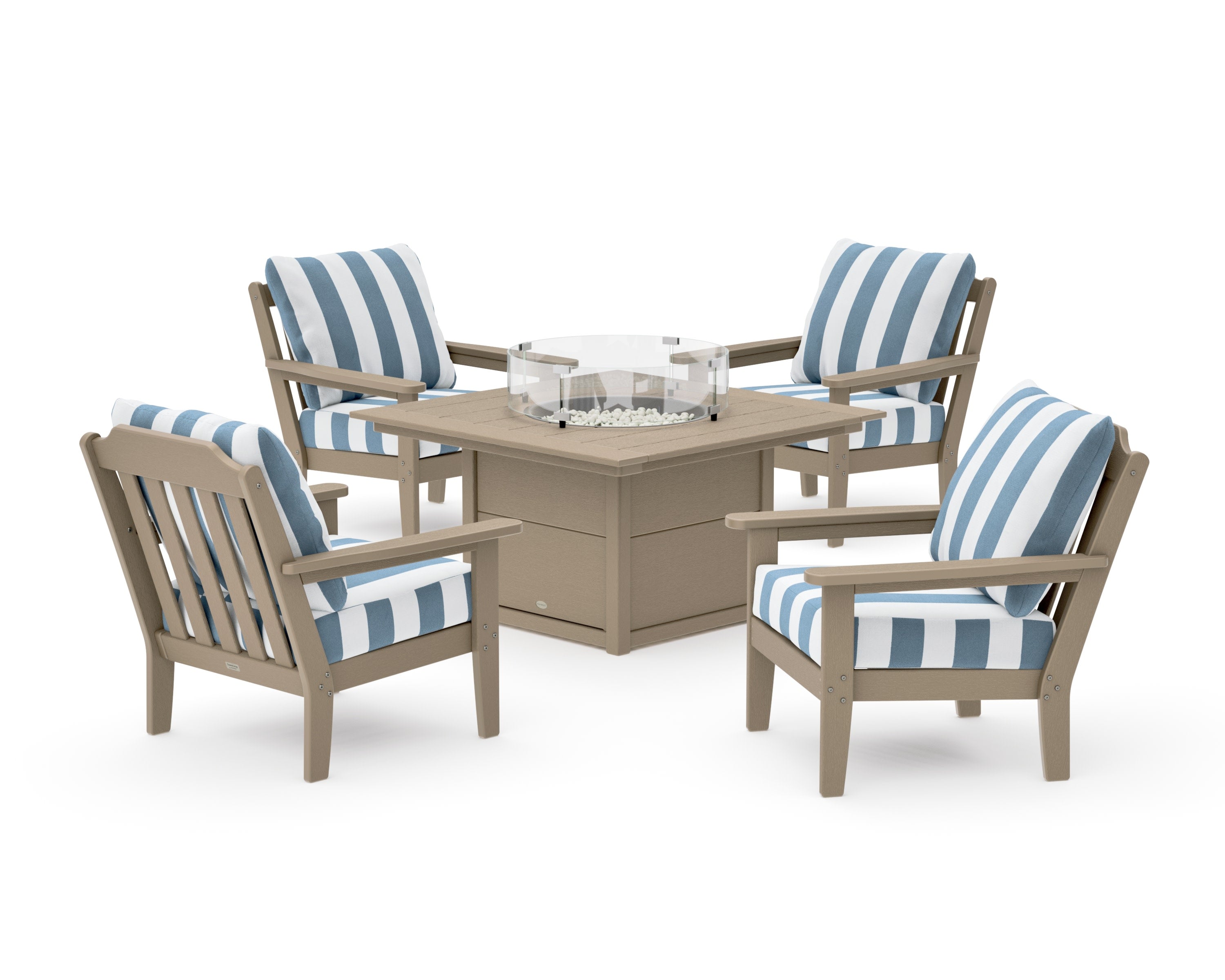 Cottage 5-Piece Deep Seating Set with Fire Pit Table in Vintage Sahara / Cabana Stripe Sky Blue