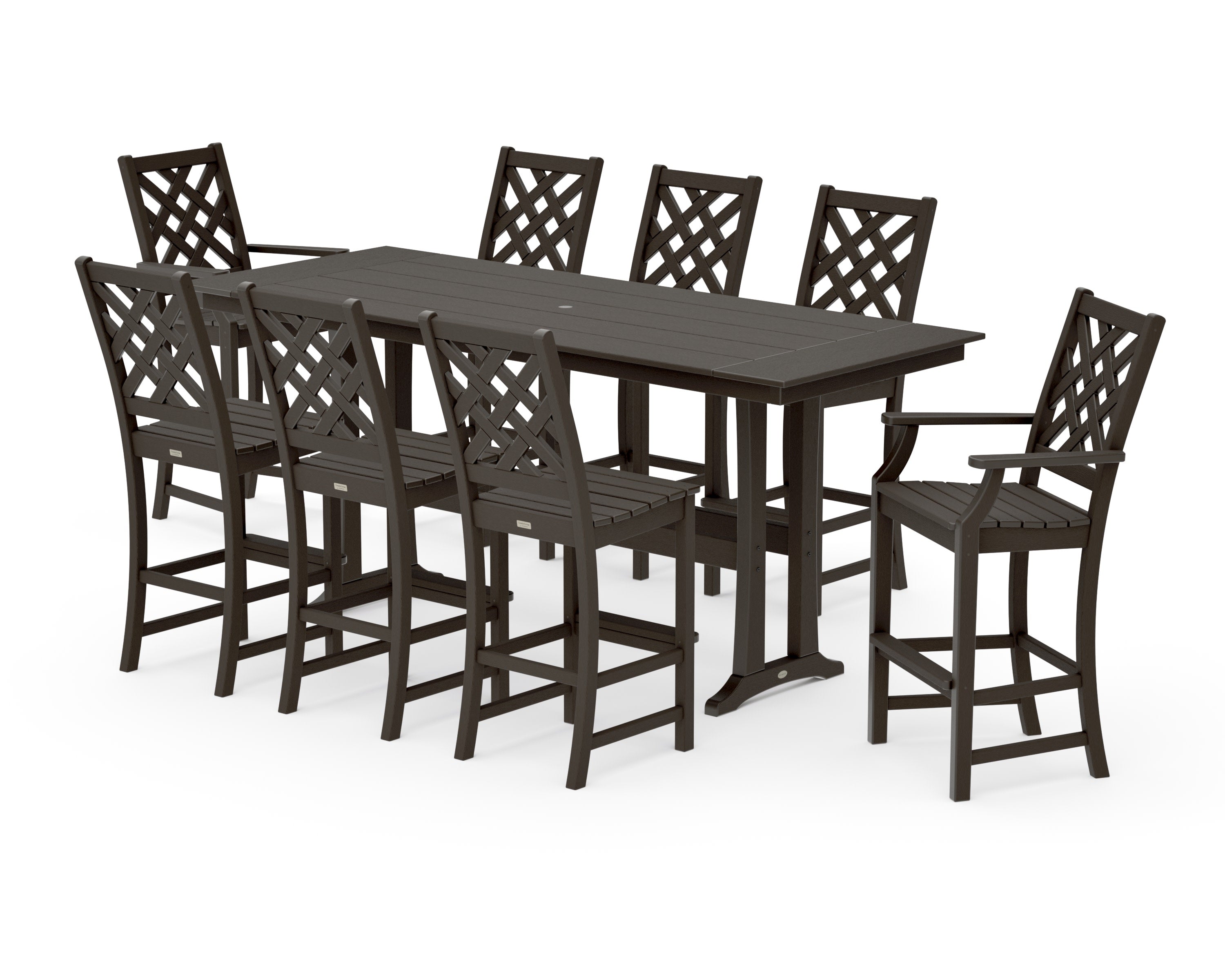 Wovendale 9-Piece Farmhouse Bar Set with Trestle Legs in Vintage Coffee
