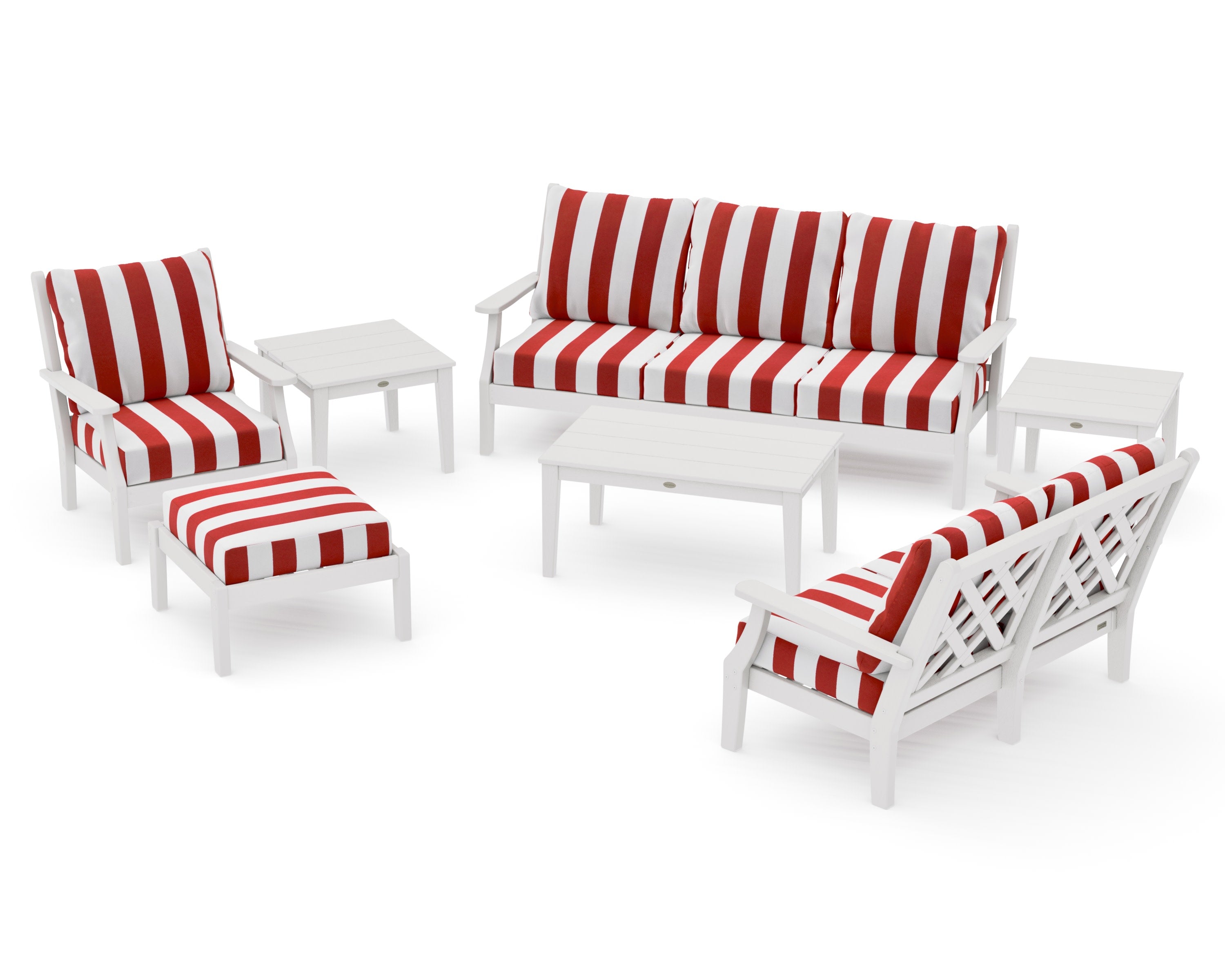 Wovendale 7-Piece Deep Seating Set in Vintage White / Cabana Stripe Crimson