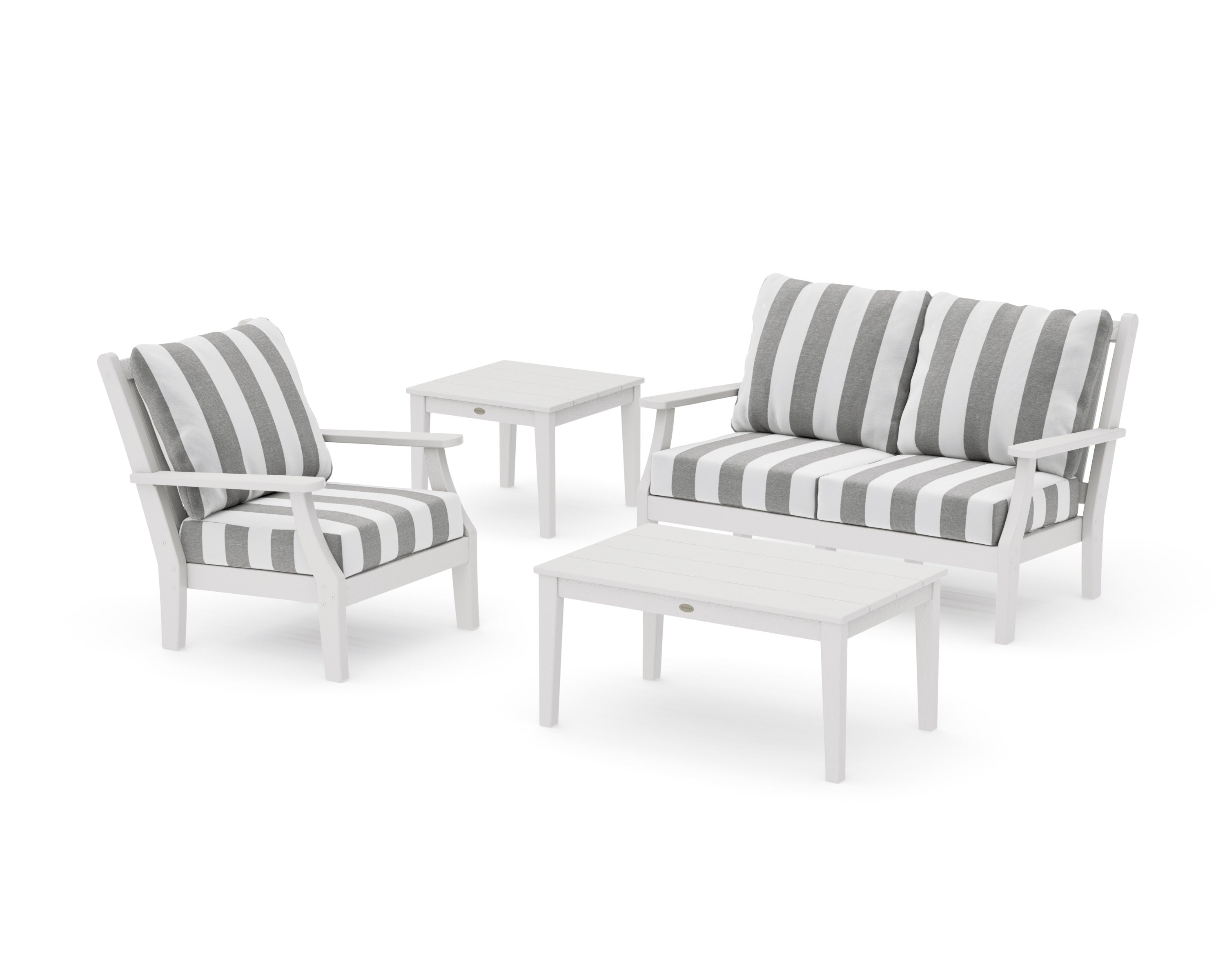 Wovendale 4-Piece Deep Seating Set in Vintage White / Cabana Stripe Grey Mist