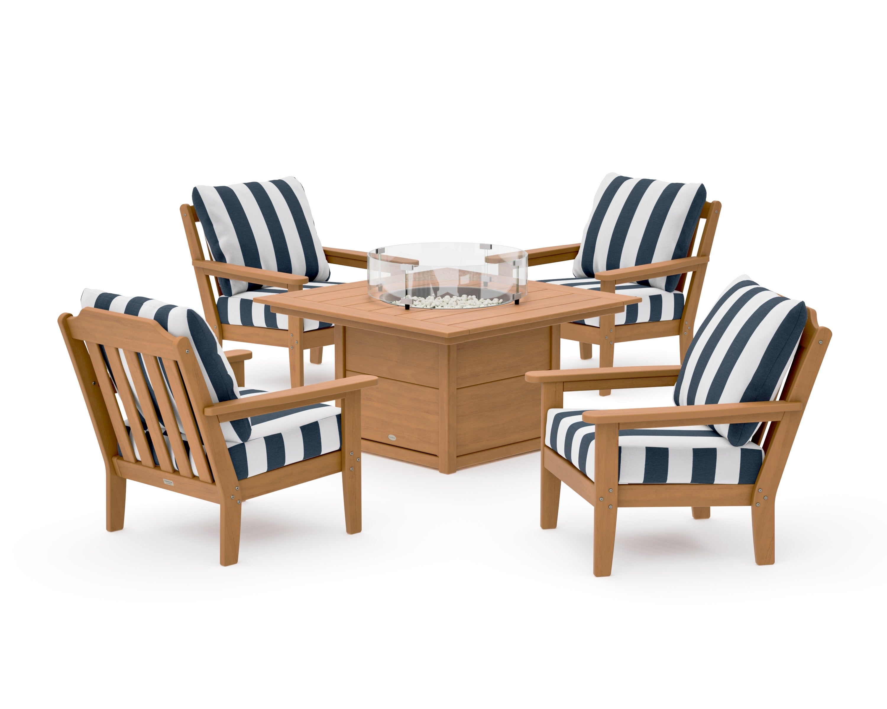 Cottage 5-Piece Deep Seating Set with Fire Pit Table in Natural / Cabana Stripe Marine Indigo