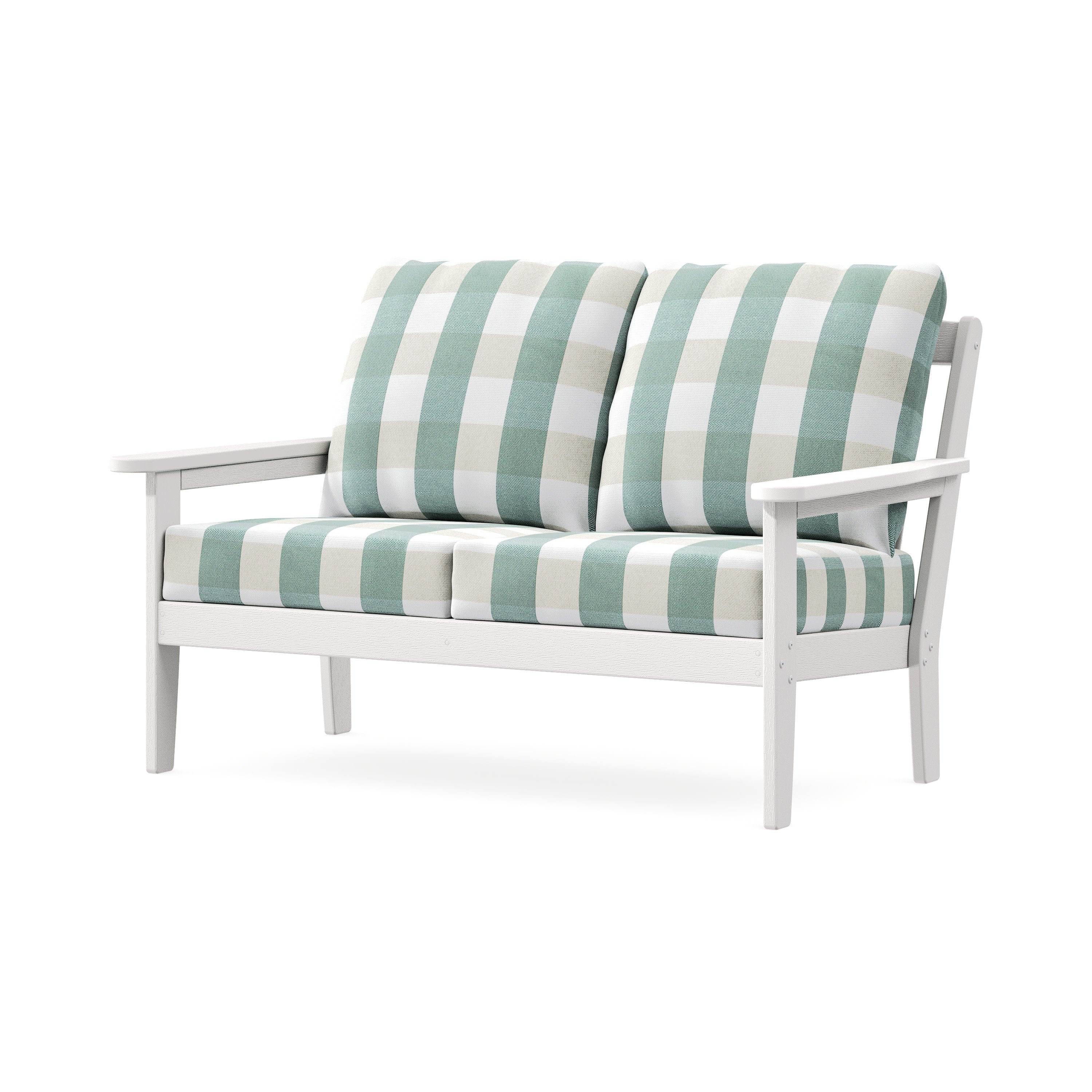 Cottage Deep Seating Loveseat in Vintage White / Buffalo Plaid Glacier Spa