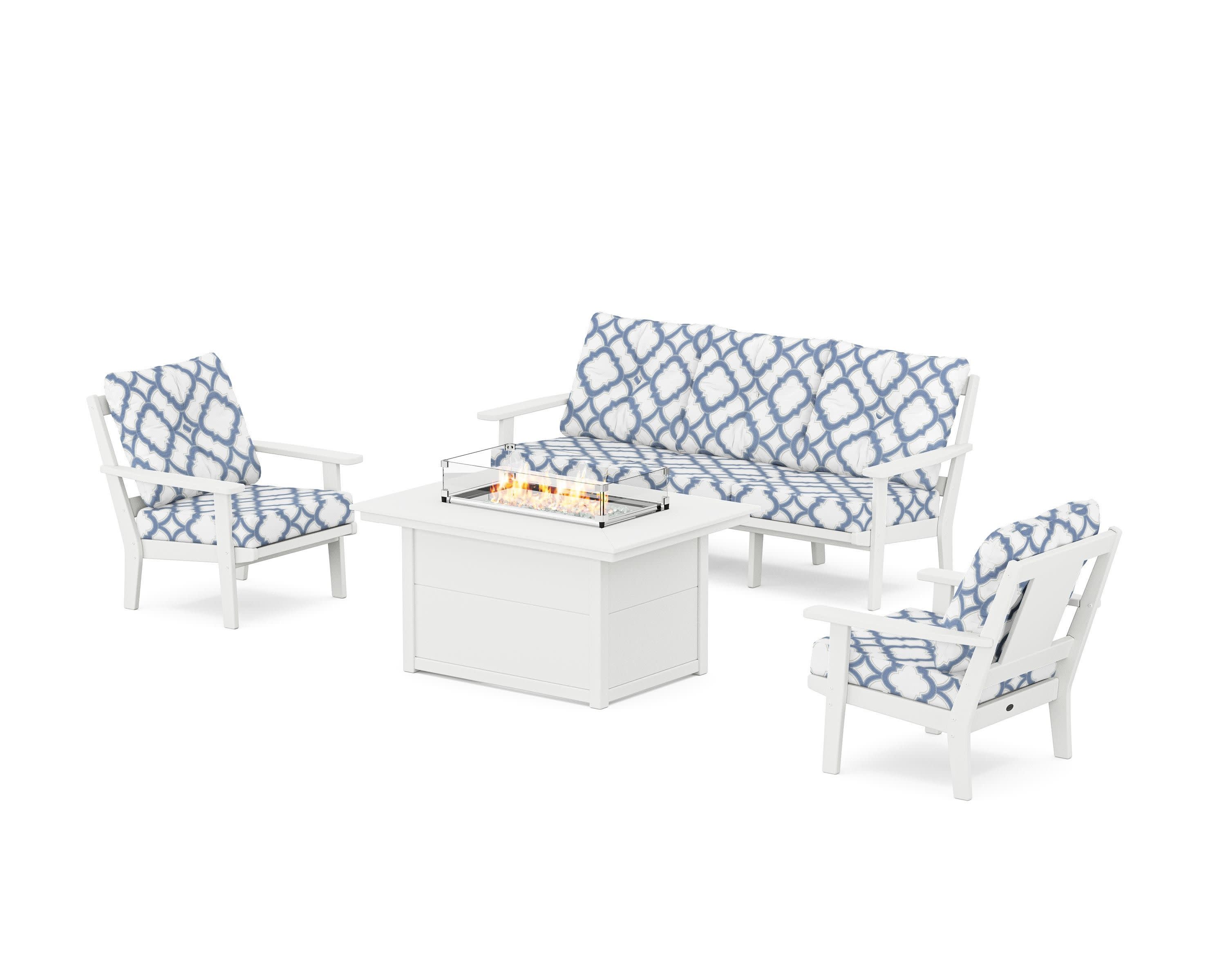 Prairie Deep Seating Fire Pit Table Set in White / Trellis Sky Blue