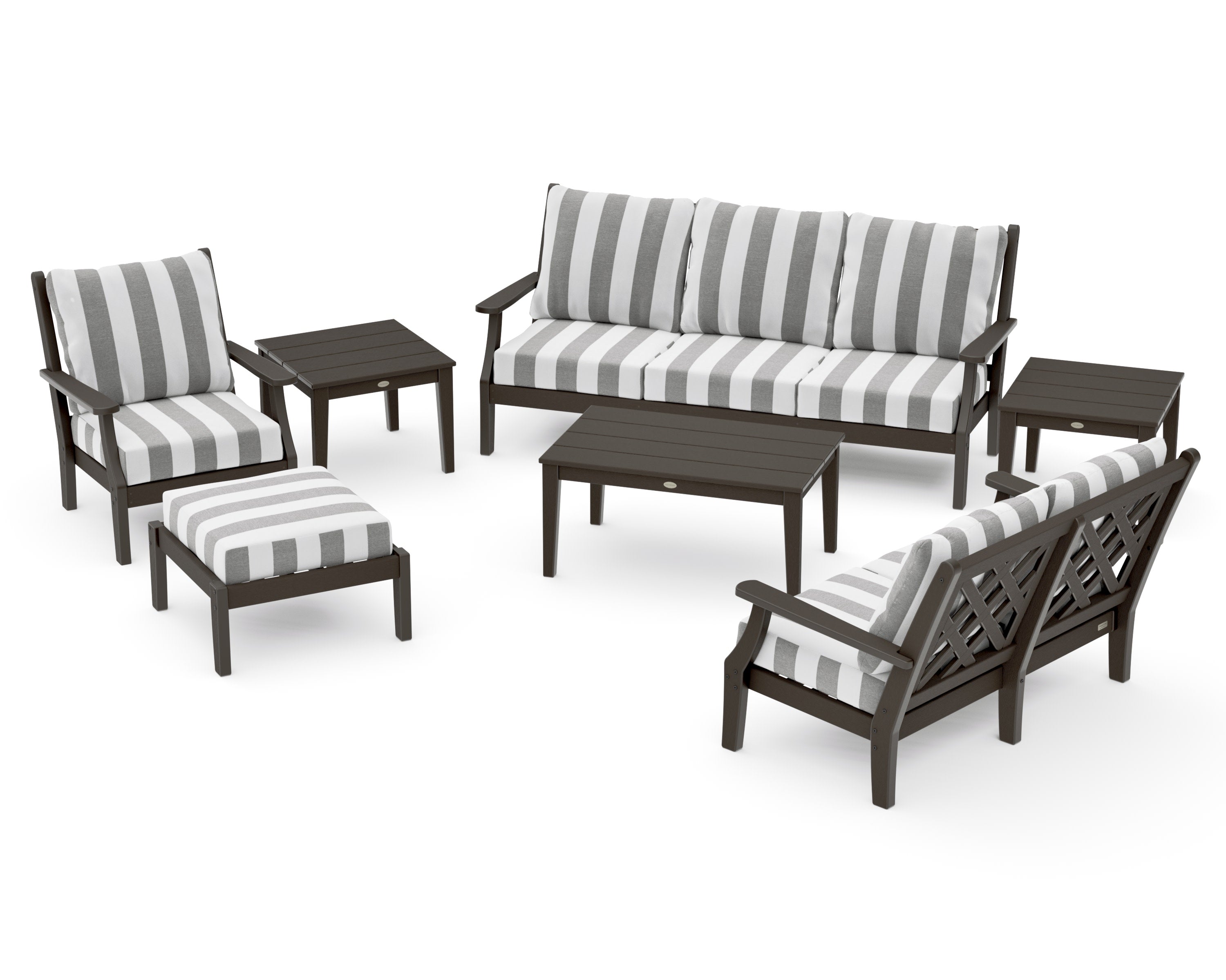 Wovendale 7-Piece Deep Seating Set in Vintage Coffee / Cabana Stripe Grey Mist