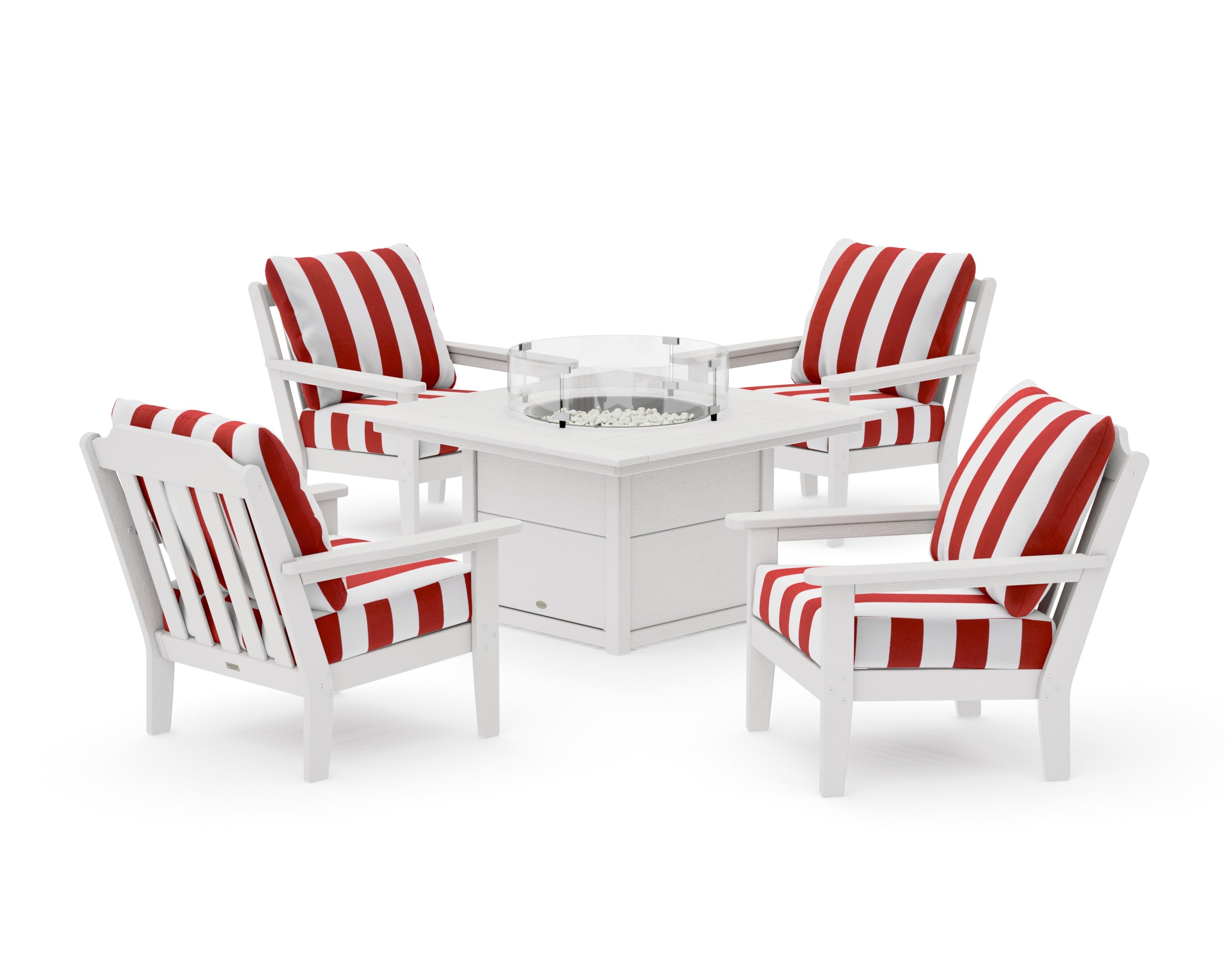Cottage 5-Piece Deep Seating Set with Fire Pit Table in Vintage White / Cabana Stripe Crimson