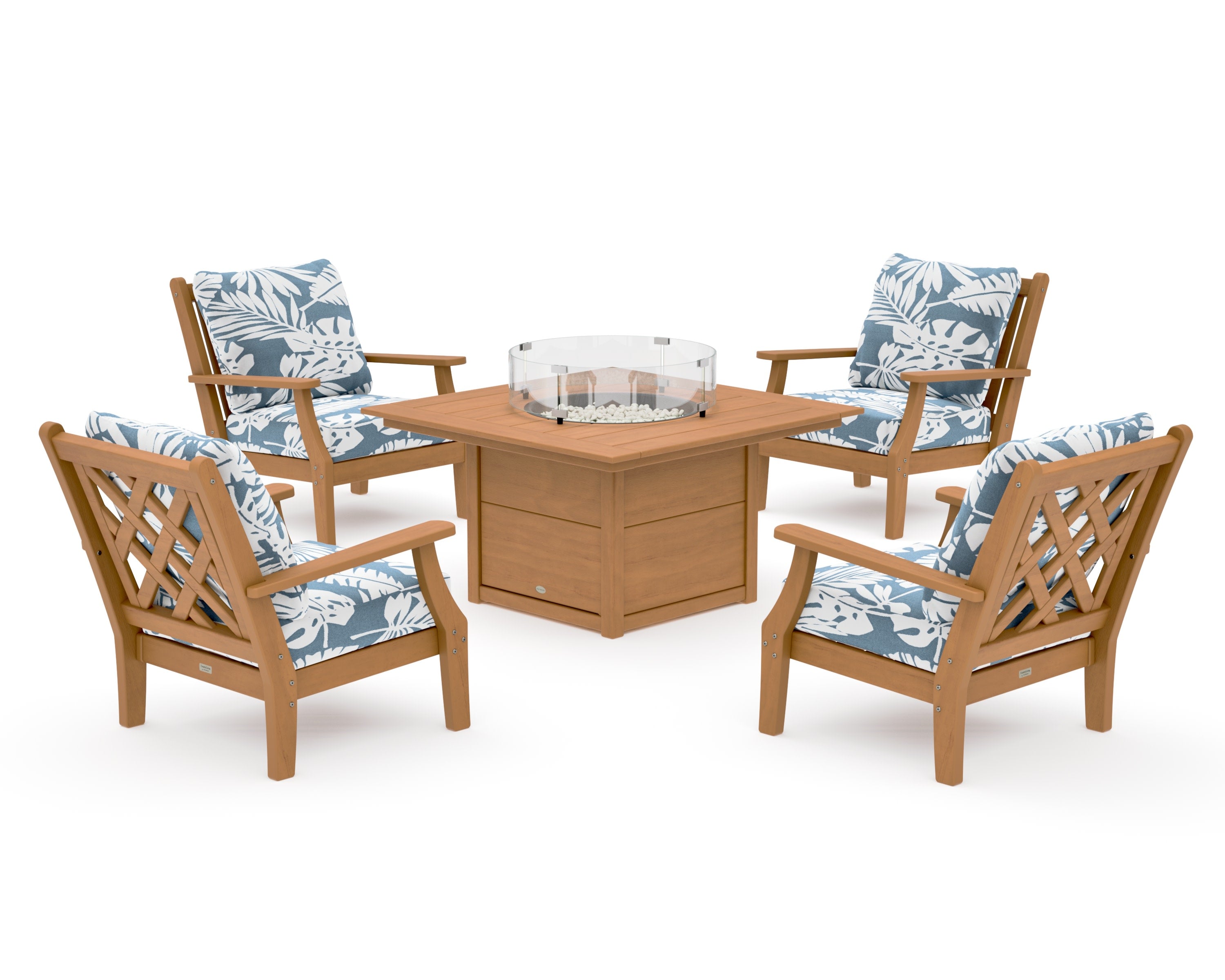 Wovendale 5-Piece Deep Seating Set with Fire Pit Table in Natural / Leaf Sky Blue