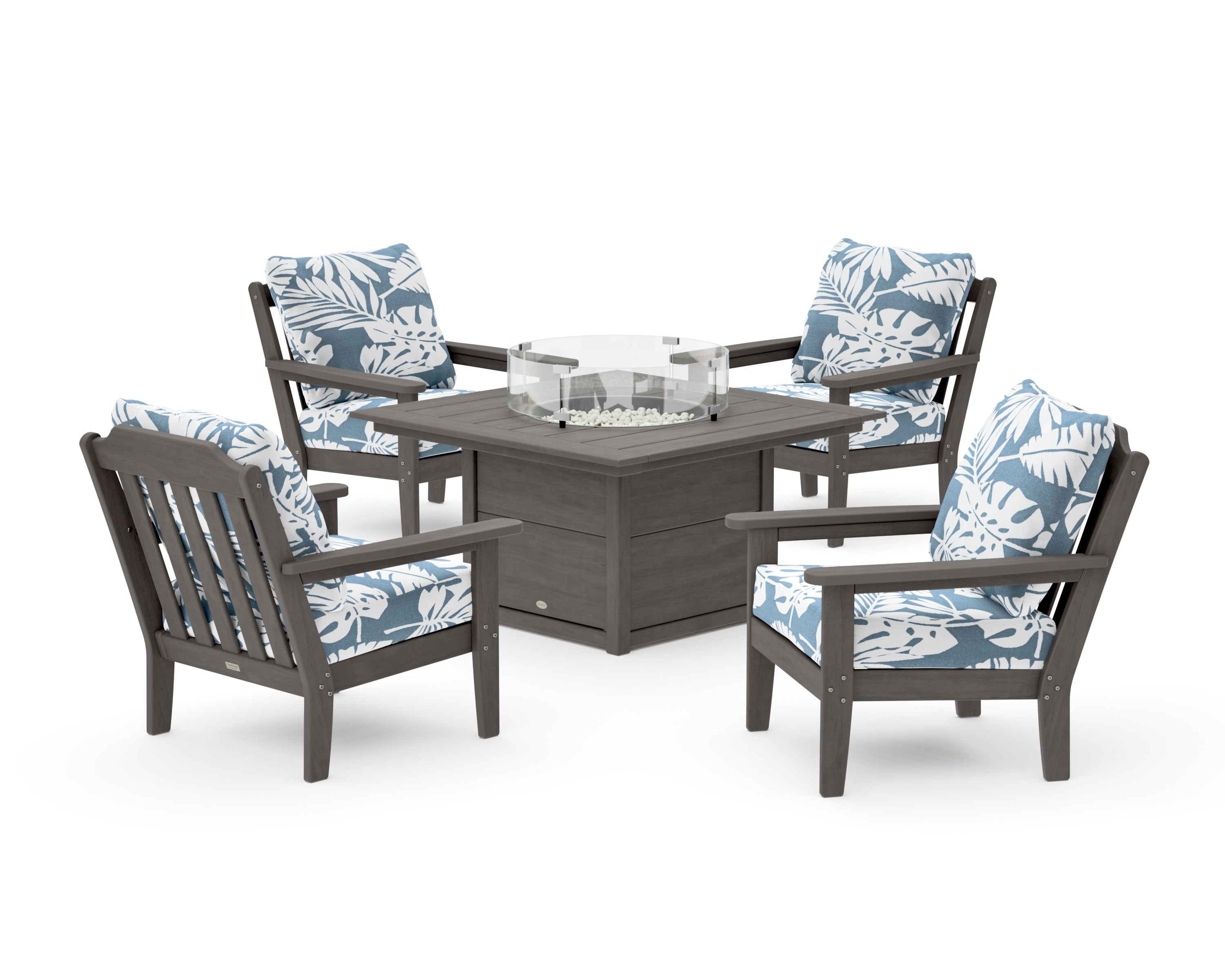 Cottage 5-Piece Deep Seating Set with Fire Pit Table in Driftwood / Leaf Sky Blue